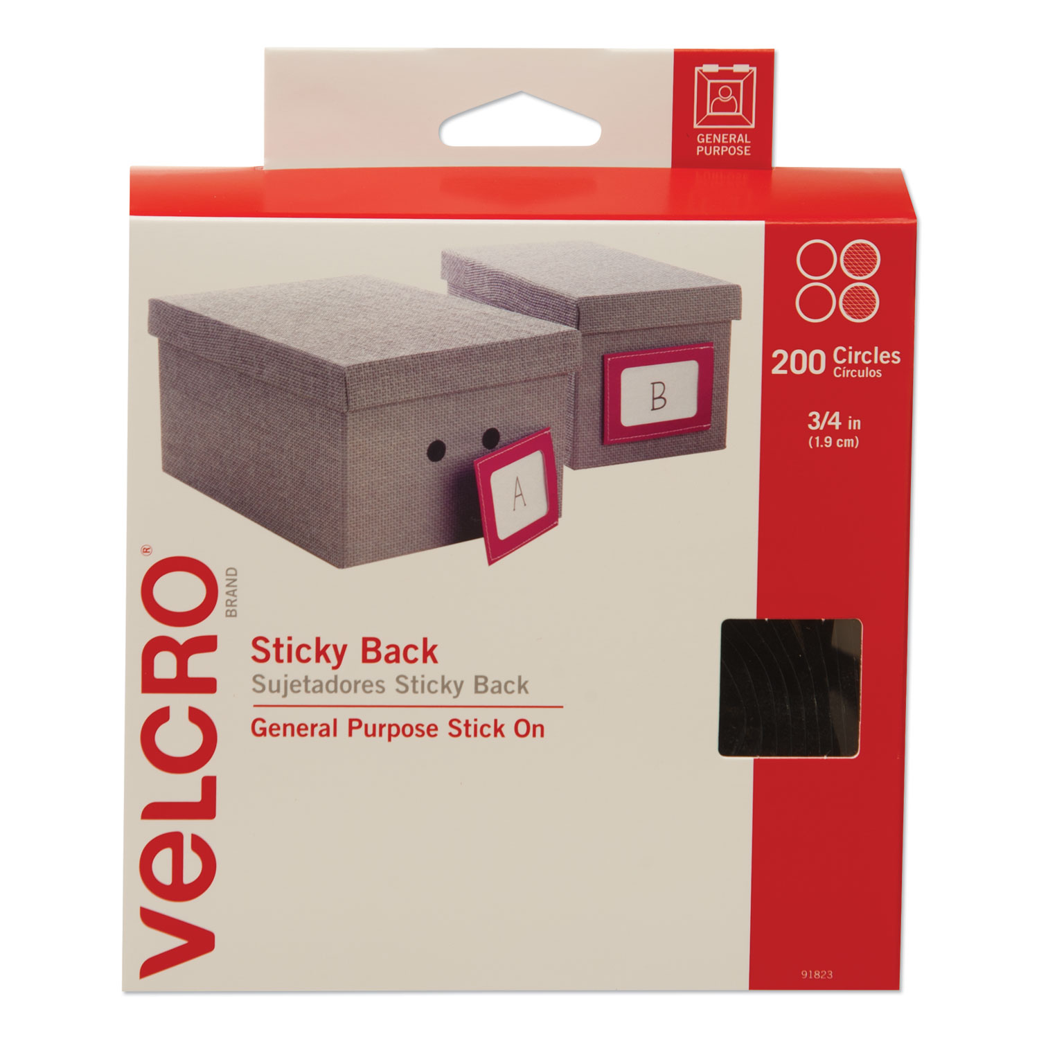  VELCRO Brand 91823 Sticky-Back Fasteners, Removable Adhesive, 0.75 dia, Black, 200/Box (VEK91823) 