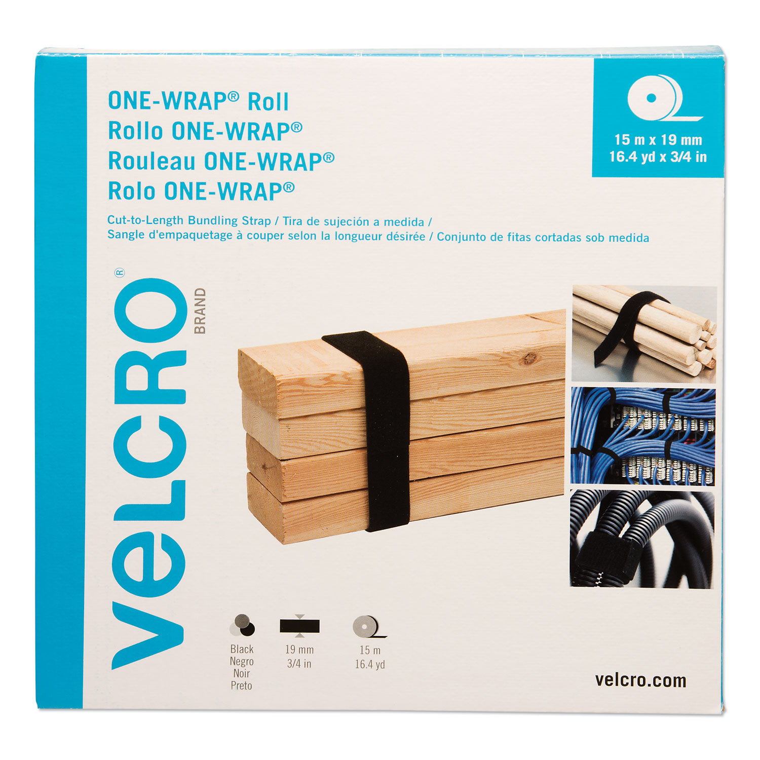  VELCRO Brand VEL-30640-GLO ONE-WRAP Cut-To-Fit Standard-Ties, 0.75 x 49 ft, Black (VEK30640) 