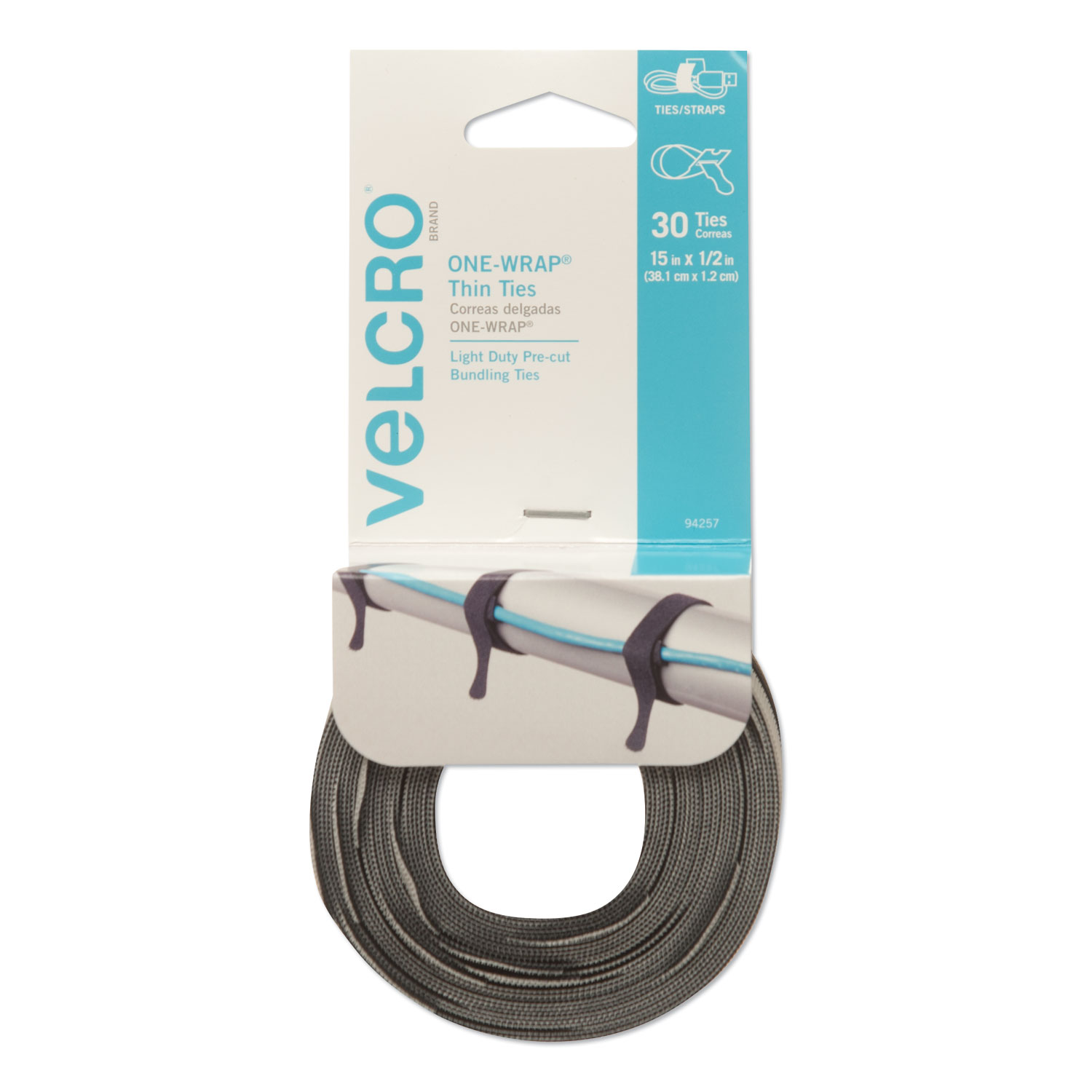  VELCRO Brand 94257 ONE-WRAP Pre-Cut Thin Ties, 0.5 x 15, Black/Gray, 30/Pack (VEK94257) 