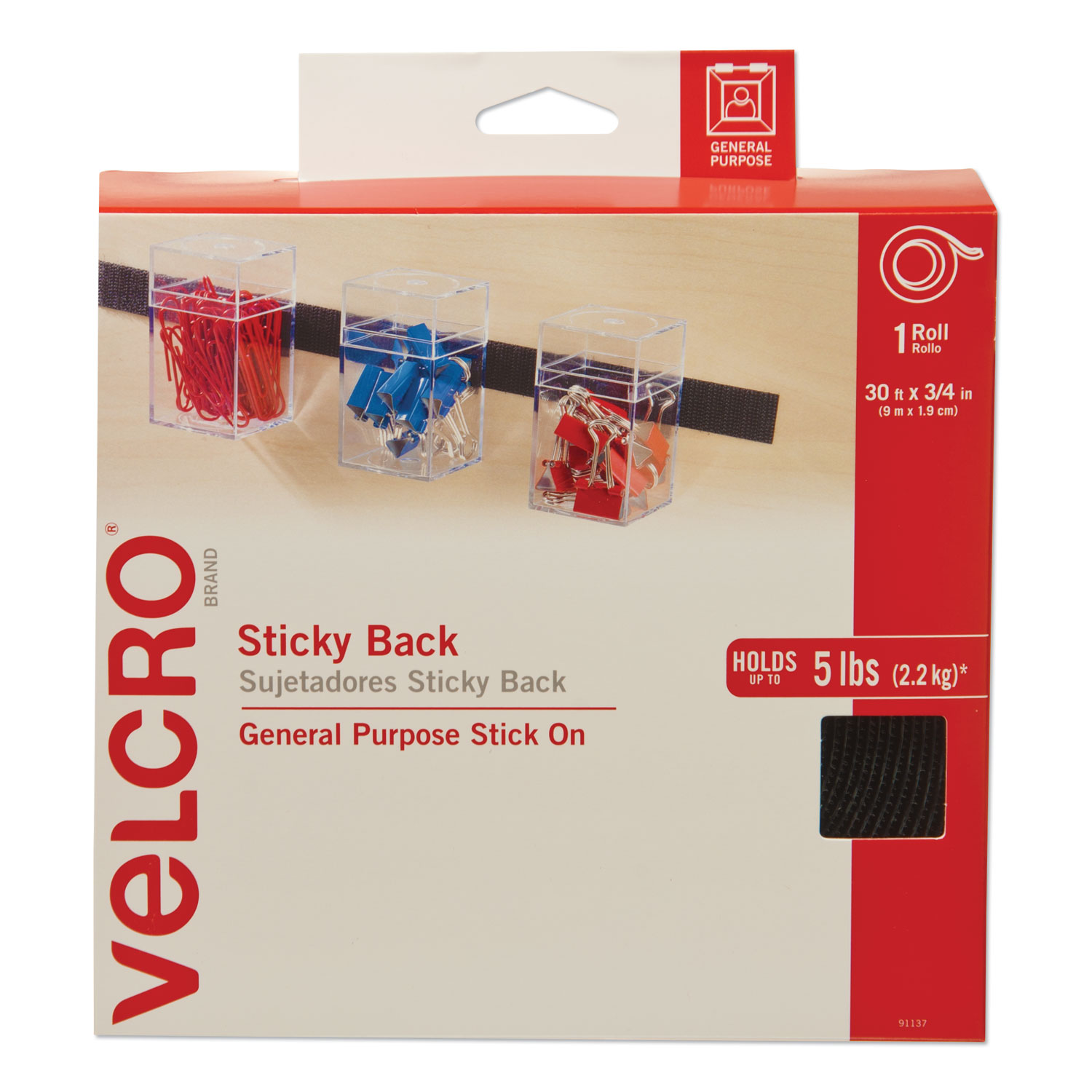  VELCRO Brand 91137 Sticky-Back Fasteners, Removable Adhesive, 0.75 x 30 ft, Black (VEK91137) 