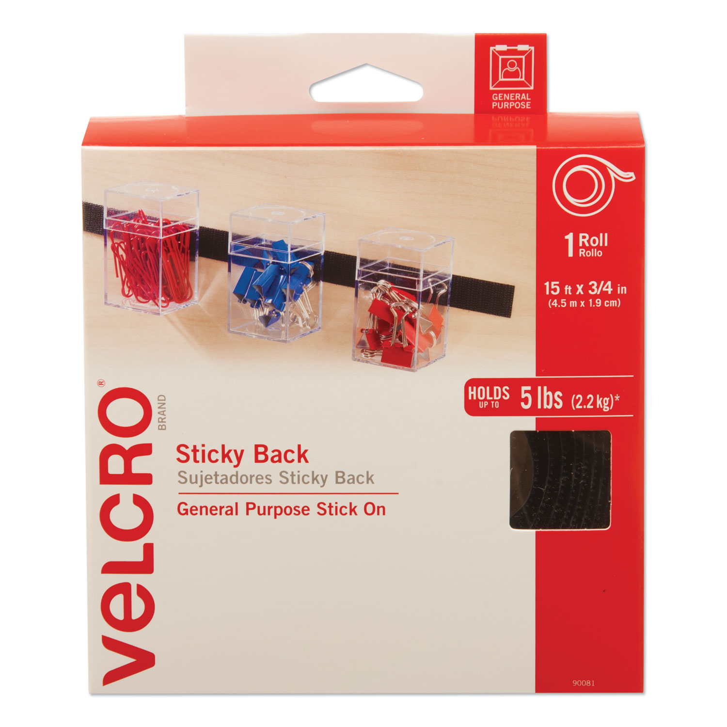  VELCRO Brand 90081 Sticky-Back Fasteners with Dispenser, Removable Adhesive, 0.75 x 15 ft, Black (VEK90081) 
