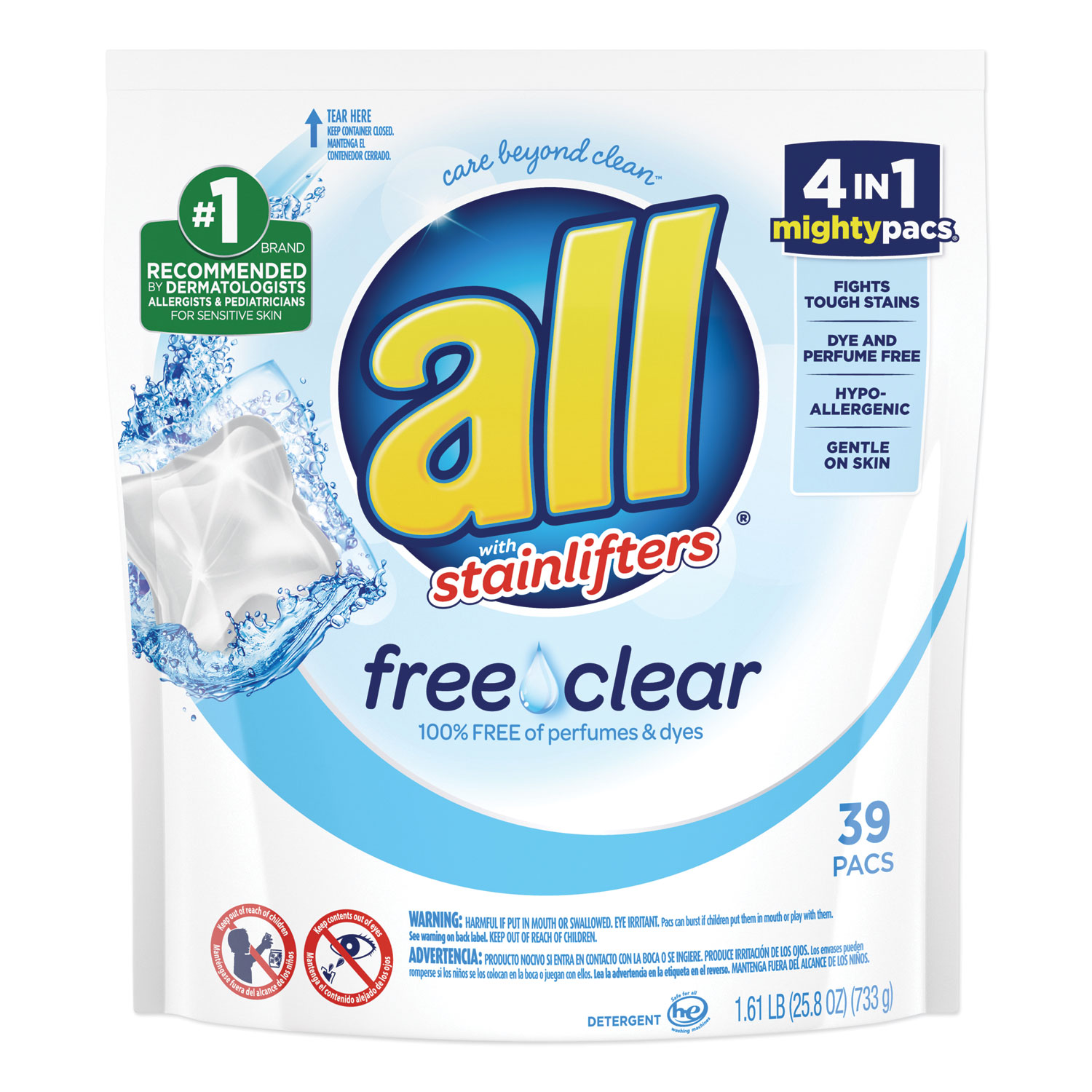 All® Mighty Pacs Free and Clear Super Concentrated Laundry Detergent, 39/Pack, 6 Packs/Carton