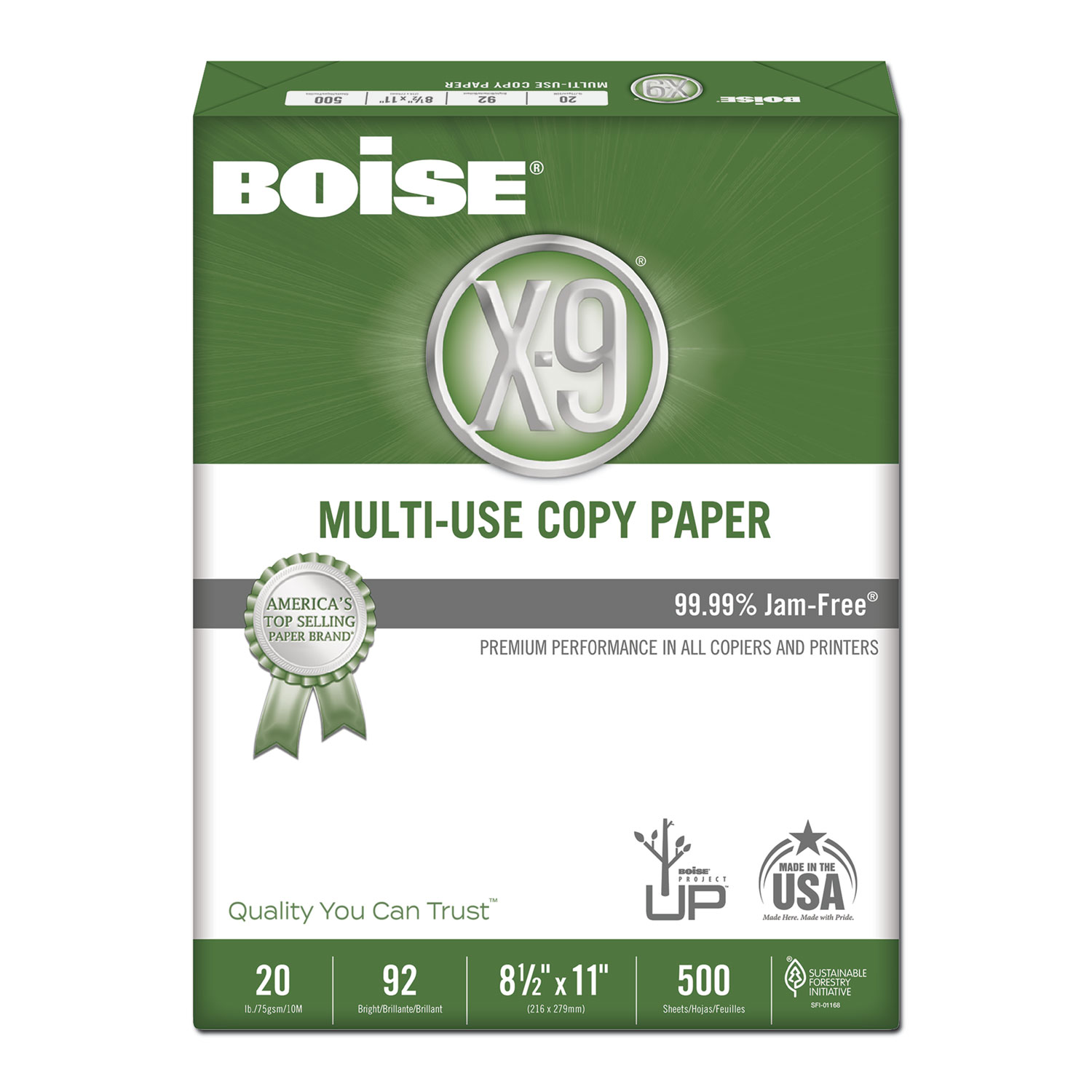  Boise OX9001JR X-9 Multi-Use Copy Paper, 92 Bright, 20lb, 8.5 x 11, White, 500 Sheets/Ream, 5 Reams/Carton (CASOX9001JR) 