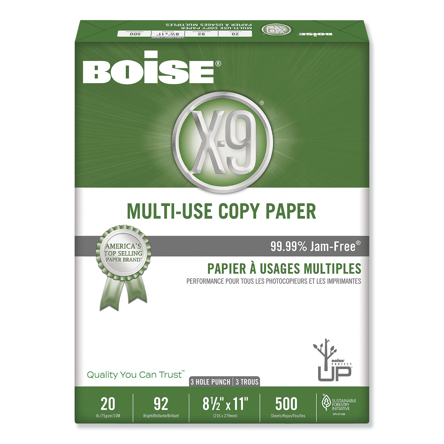  Boise OX-9001-P X-9 Multi-Use Copy Paper, 92 Bright, 3-Hole, 20lb, 8.5 x 11, White, 500 Sheets/Ream, 10 Reams/Carton (CASOX9001P) 