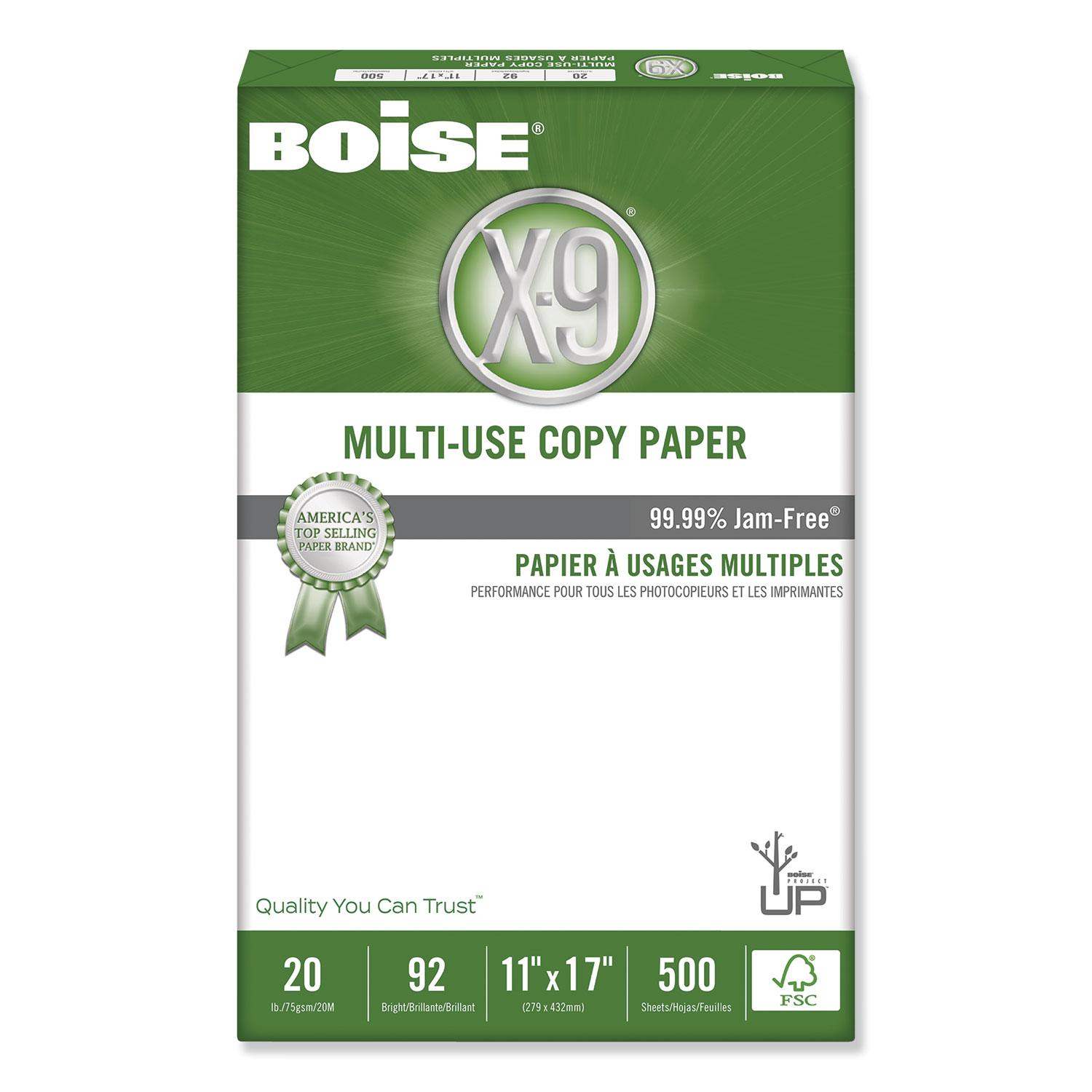  Boise 0X9007 X-9 Multi-Use Copy Paper, 92 Bright, 20lb, 11 x 17, White, 500 Sheets/Ream, 5 Reams/Carton (CASOX9007) 