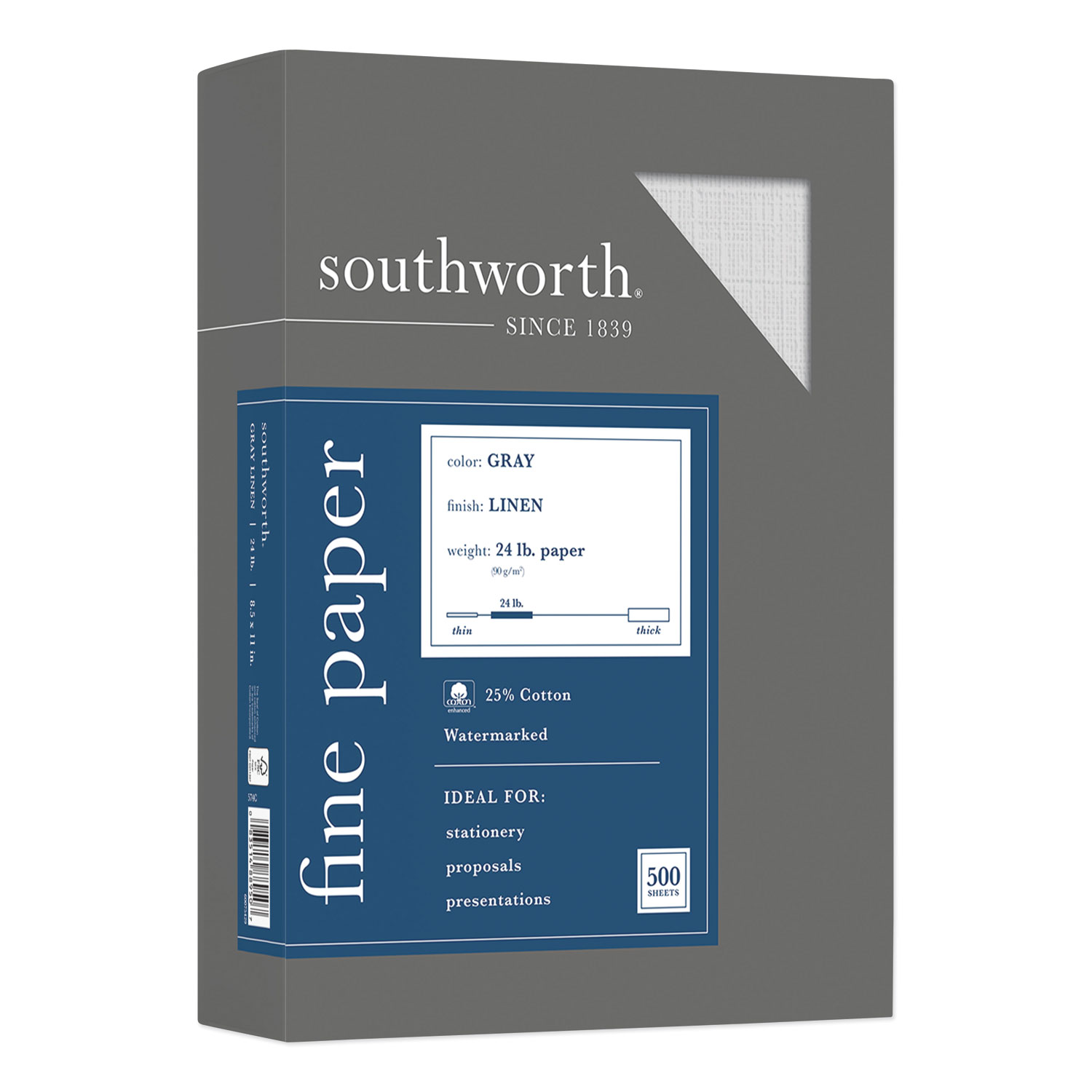  Southworth 574C 25% Cotton Linen Business Paper, 24 lb, 8.5 x 11, Gray, 500/Ream (SOU574C) 