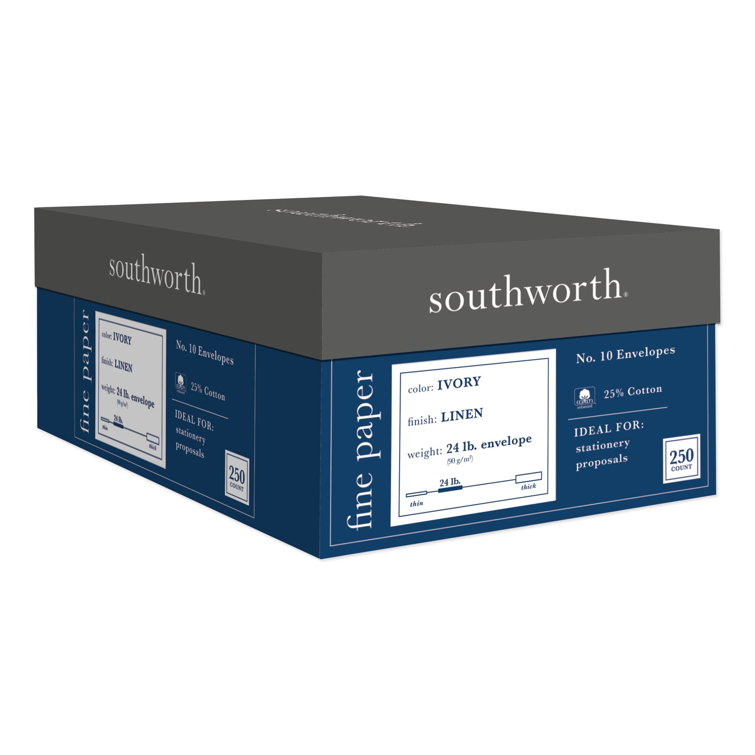  Southworth J564-10 25% Cotton Linen #10 Envelope, Commercial Flap, Gummed Closure, 4.13 x 9.5, Ivory, 250/Box (SOUJ56410) 