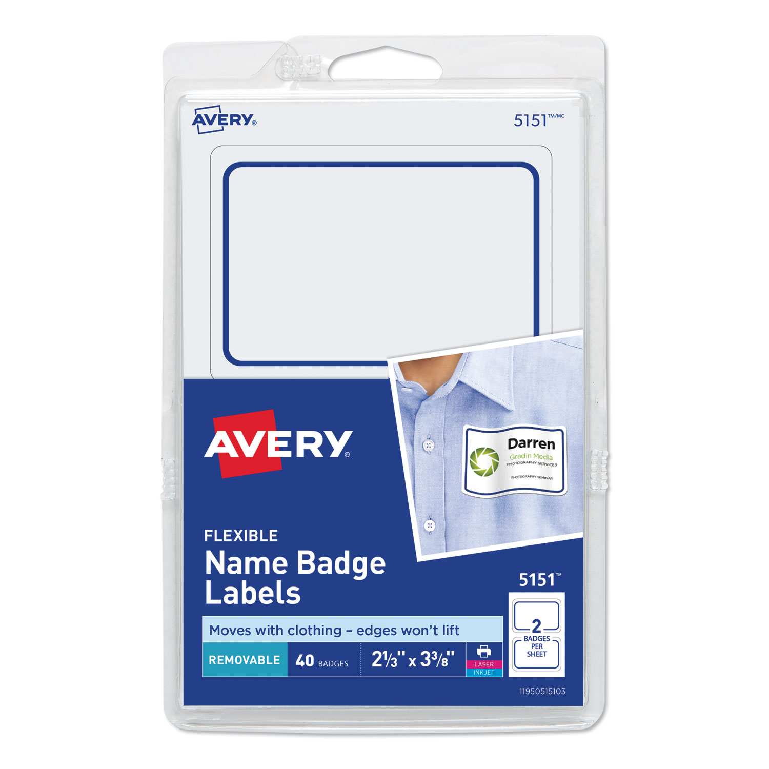  Avery 05151 Flexible Adhesive Name Badge Labels, 3.38 x 2.33, White/Blue Border, 40/Pack (AVE5151) 