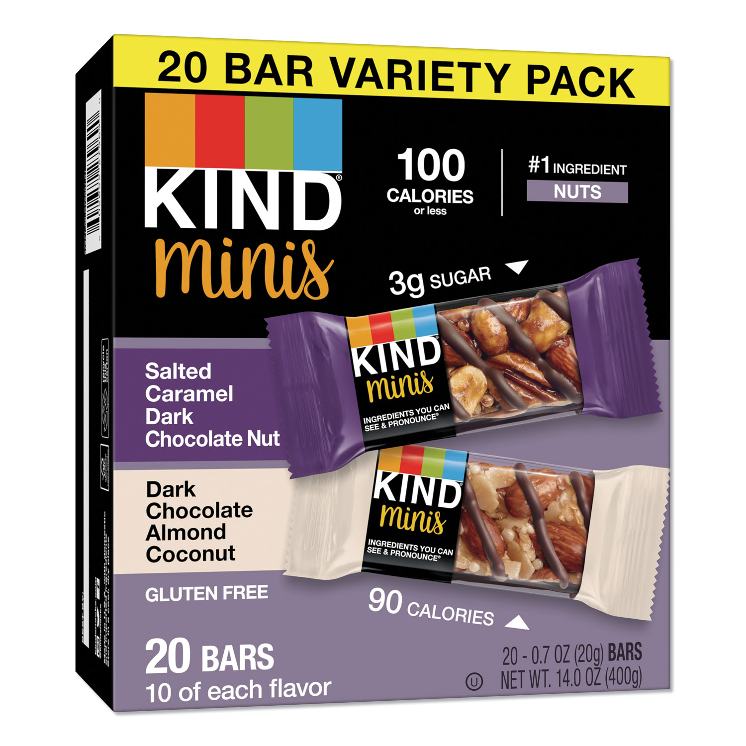  KIND 27970 Minis, Salted Caramel and Dark Chocolate Nut/Dark Chocolate Almond and Coconut, 0.7 oz, 20/Pack (KND27970) 