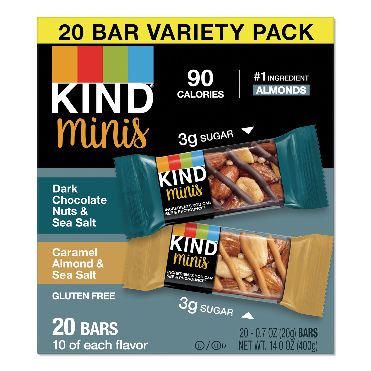 Minis, Dark Chocolate Nuts and Sea Salt/Caramel Almond and Sea Salt, 0.7 oz, 20/Pack