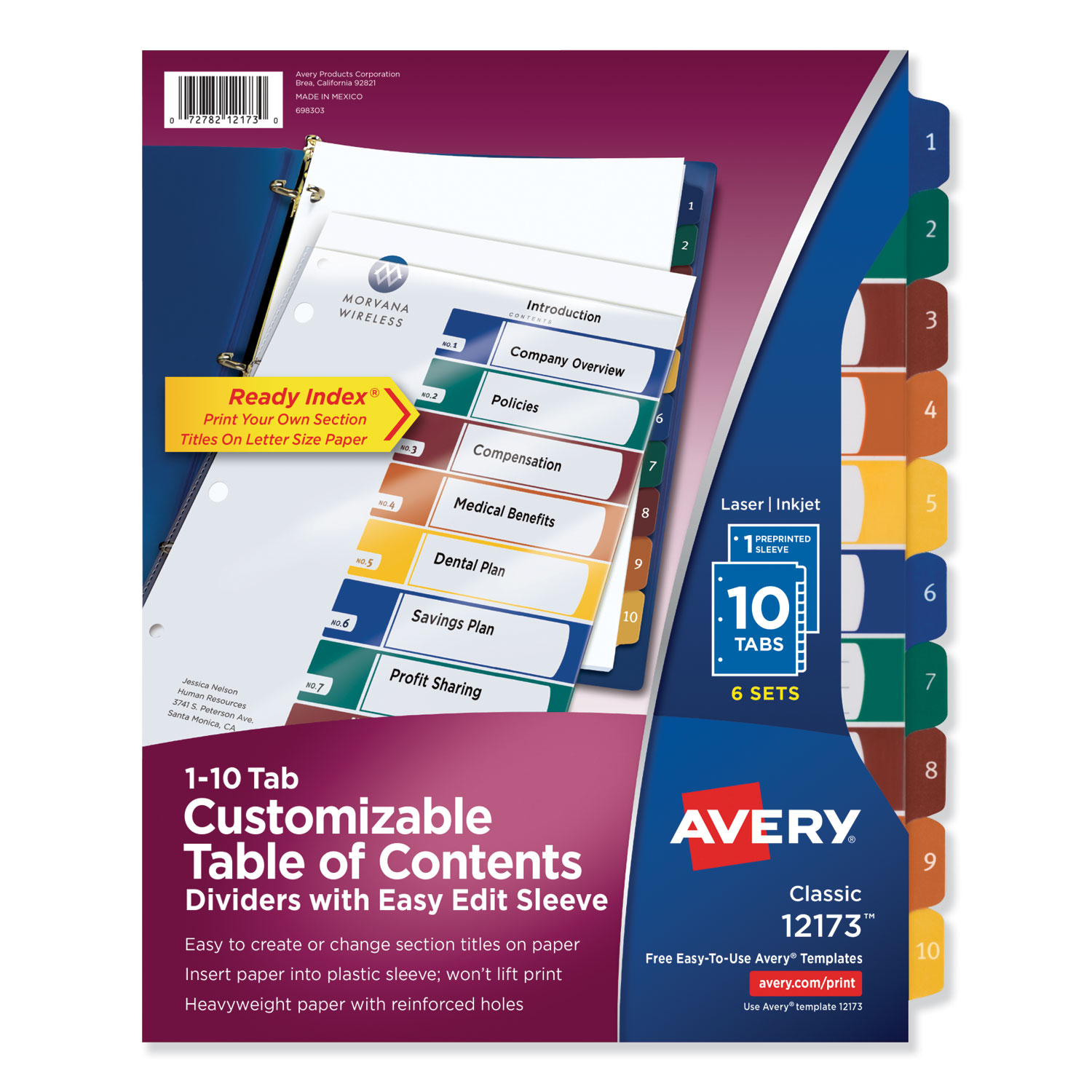  Avery 12173 Ready Index Customizable Table of Contents, Asst Dividers, 10-Tab, Ltr, 6 Sets (AVE12173) 