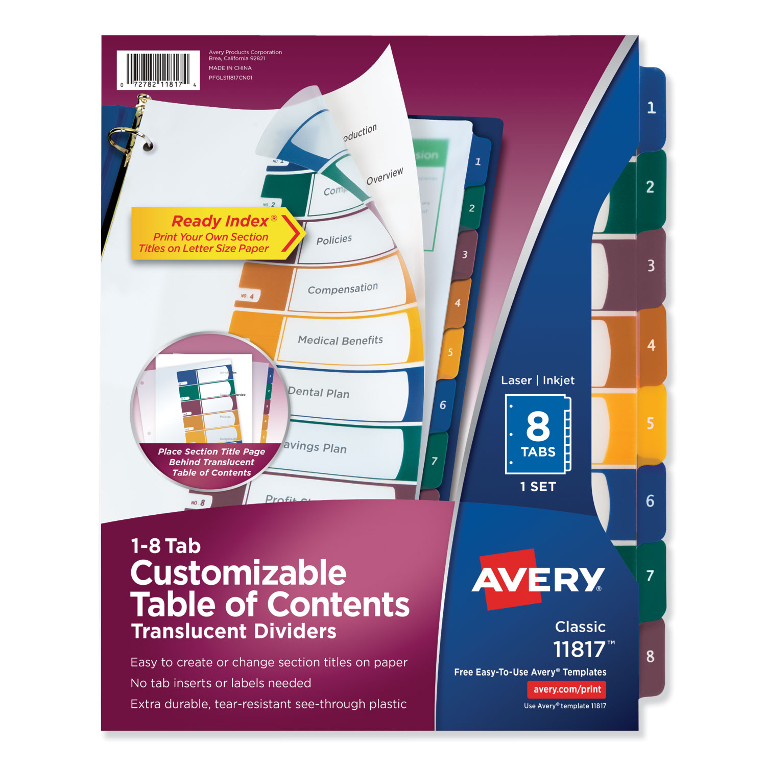  Avery 11817 Customizable Table of Contents Ready Index Dividers with Multicolor Tabs, 8-Tab, 1 to 8, 11 x 8.5, Translucent, 1 Set (AVE11817) 
