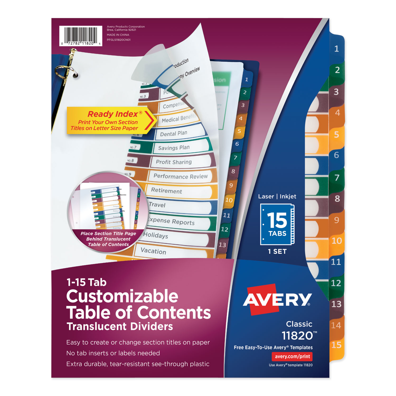  Avery 11820 Customizable Table of Contents Ready Index Dividers with Multicolor Tabs, 15-Tab, 1 to 15, 11 x 8.5, Translucent, 1 Set (AVE11820) 