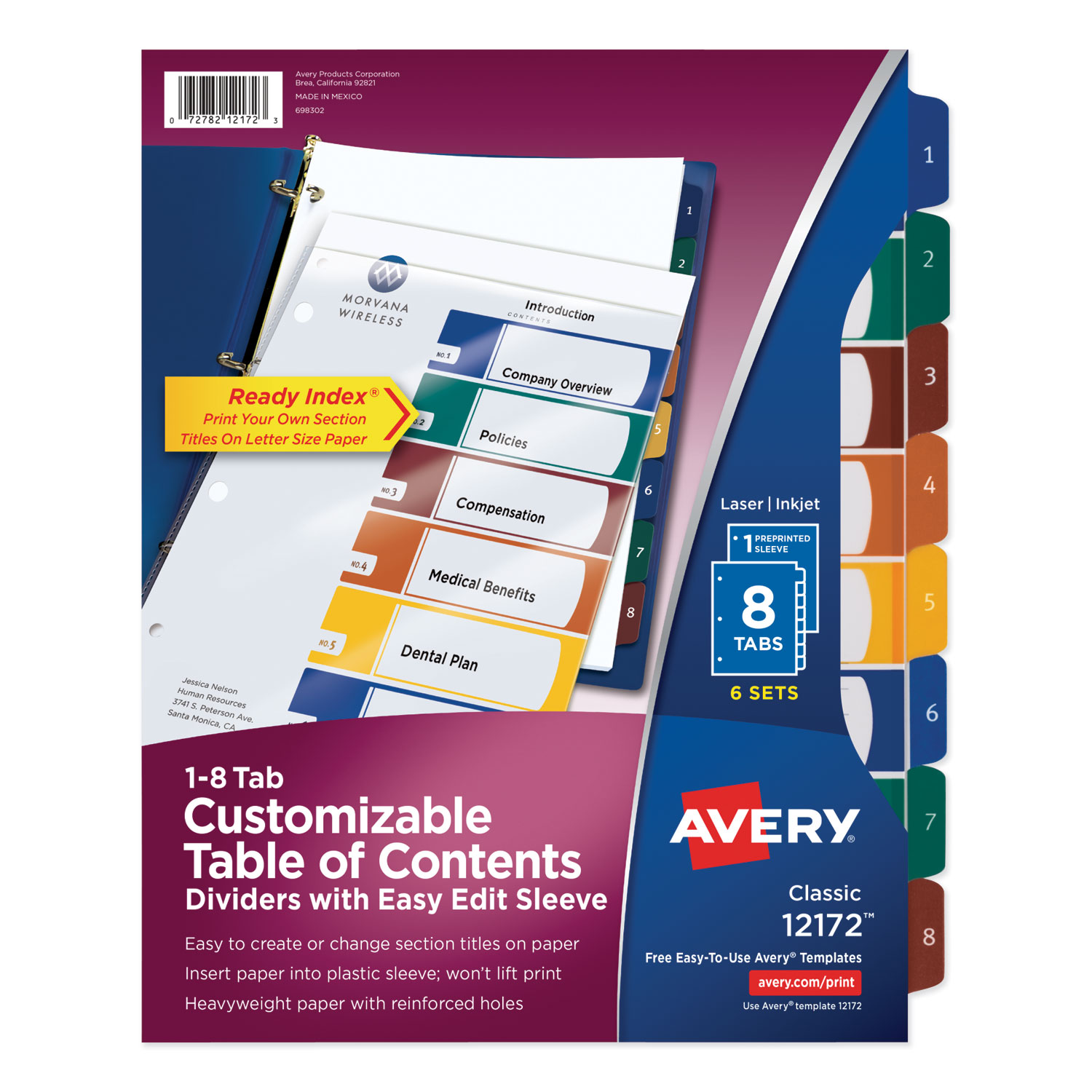  Avery 12172 Ready Index Customizable Table of Contents, Asst Dividers, 8-Tab, Ltr, 6 Sets (AVE12172) 