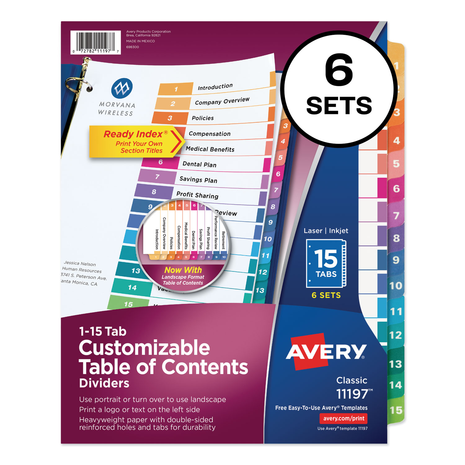 Customizable TOC Ready Index Multicolor Dividers, 15-Tab, Letter, 6 Sets