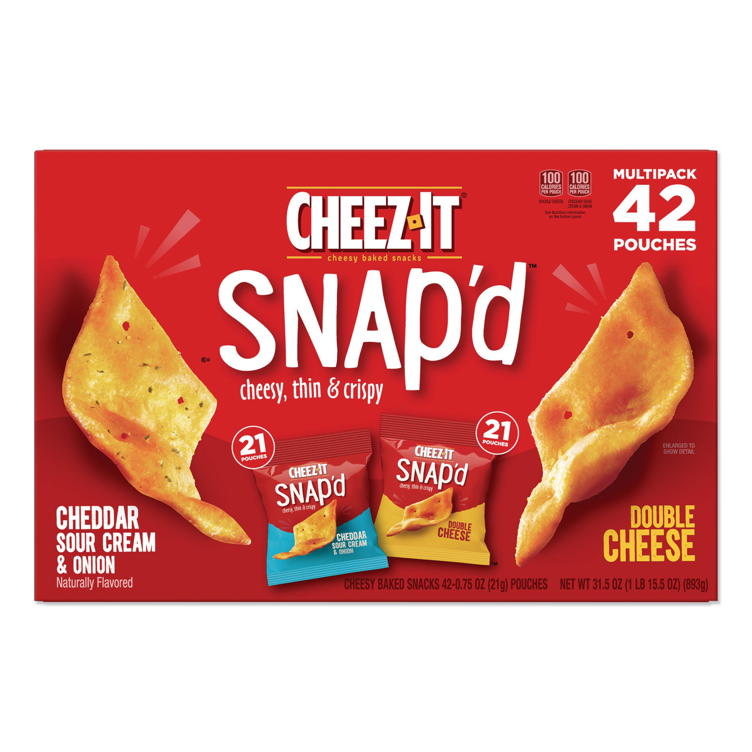  Sunshine KEE11501 Cheez-it Snap'd Crackers, Assorted Varieties, 0.75 oz Pouch, 42/Carton (KEB24396352) 