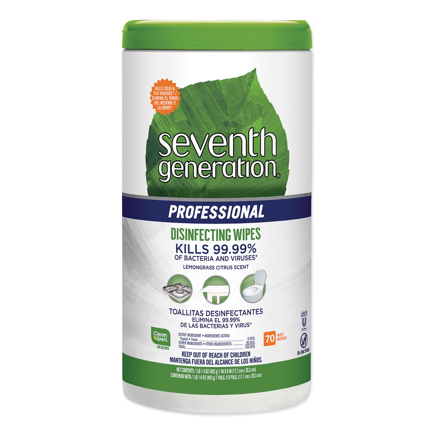  Seventh Generation Professional 44753CT Disinfecting Multi-Surface Wipes, 8 x 7, Lemongrass Citrus, 70/Canister, 6 Canisters/Carton (SEV44753CT) 
