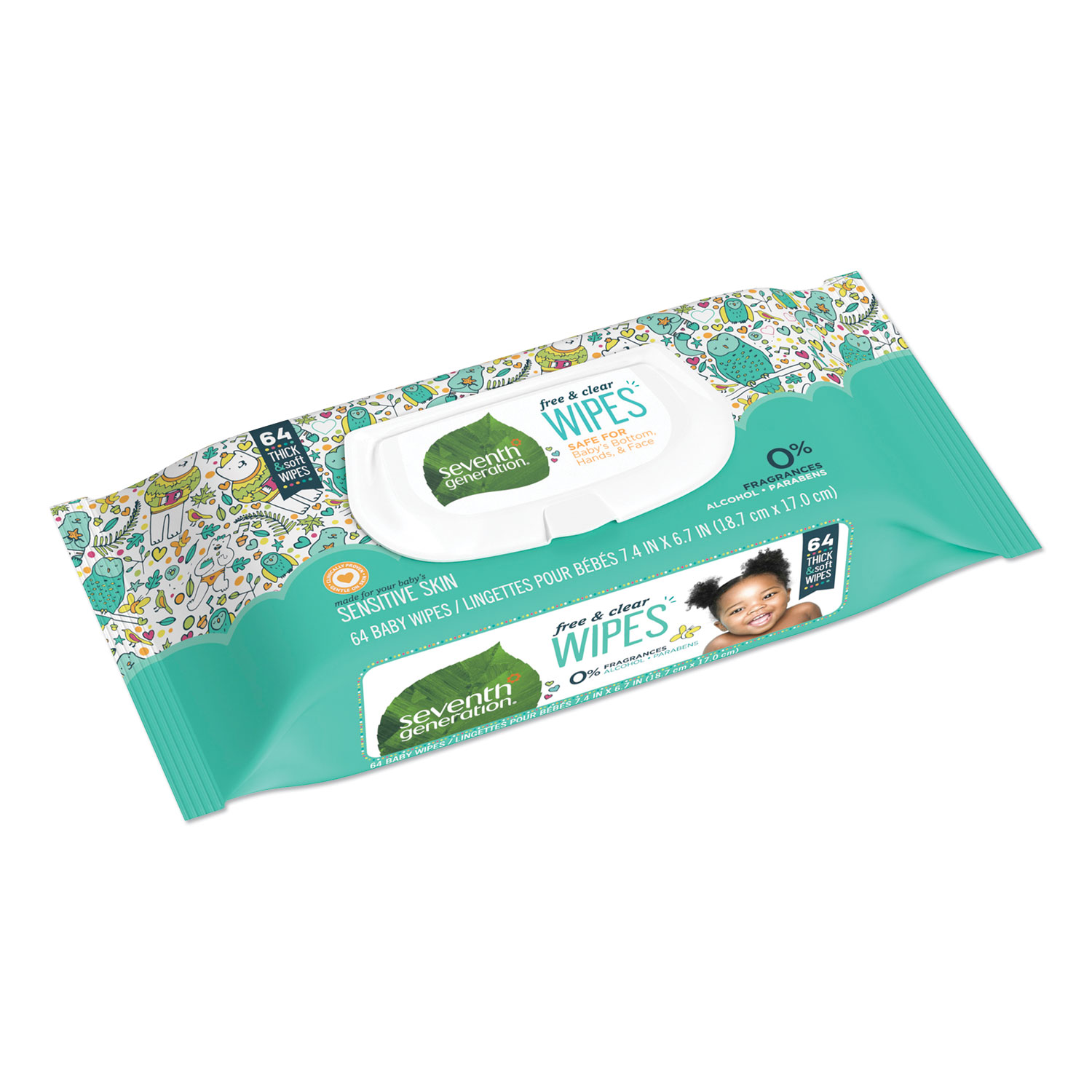  Seventh Generation SEV 34208CT Free & Clear Baby Wipes, Unscented, White, 64/PK, 12 PK/CT (SEV34208CT) 