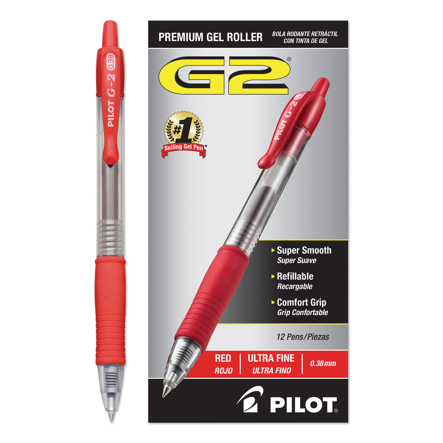  Pilot 31279 G2 Premium Retractable Gel Pen, Ultra-Fine 0.38mm, Red Ink, Clear/Red Barrel (PIL31279) 