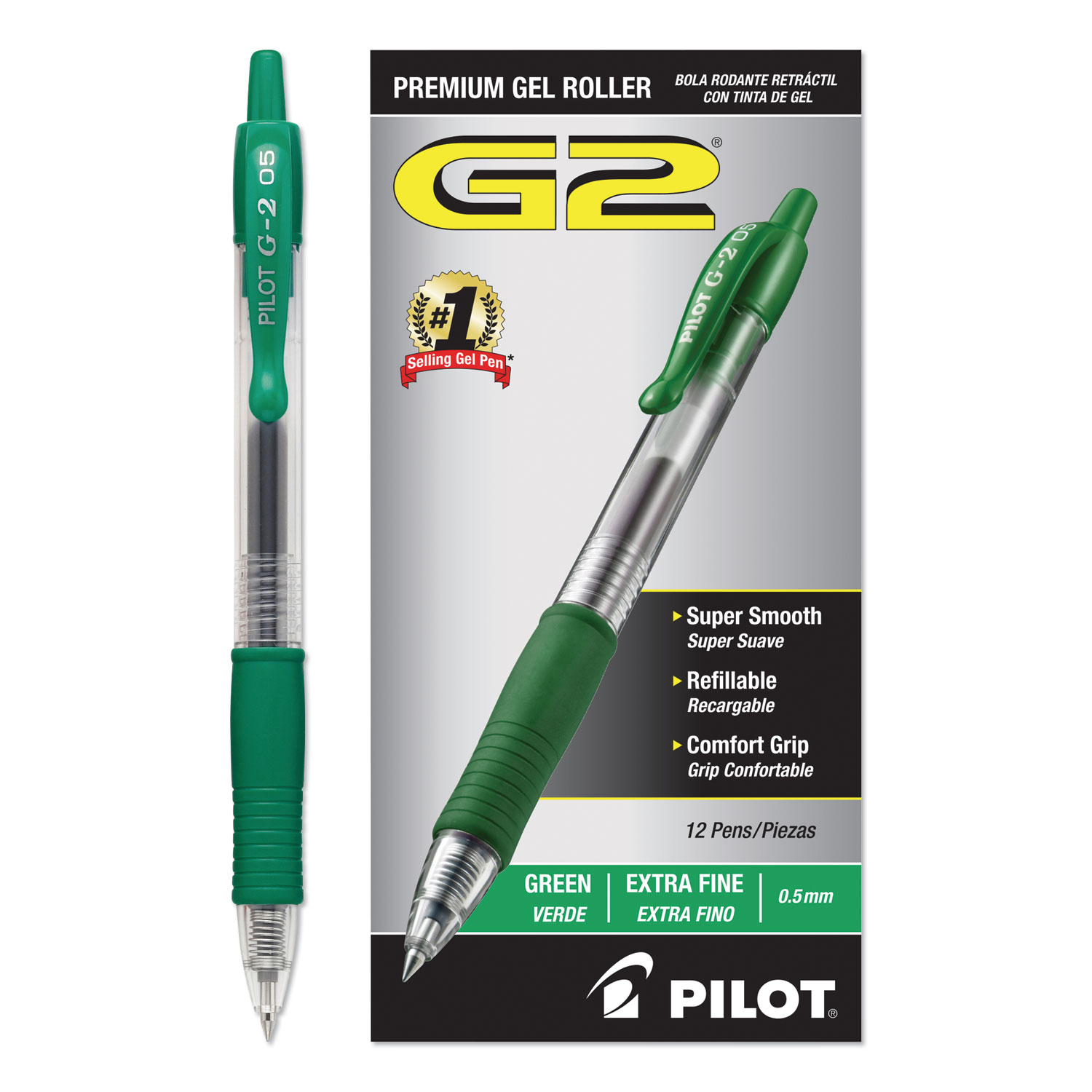  Pilot 31005 G2 Premium Retractable Gel Pen, 0.5mm, Green Ink, Smoke Barrel, Dozen (PIL31005) 