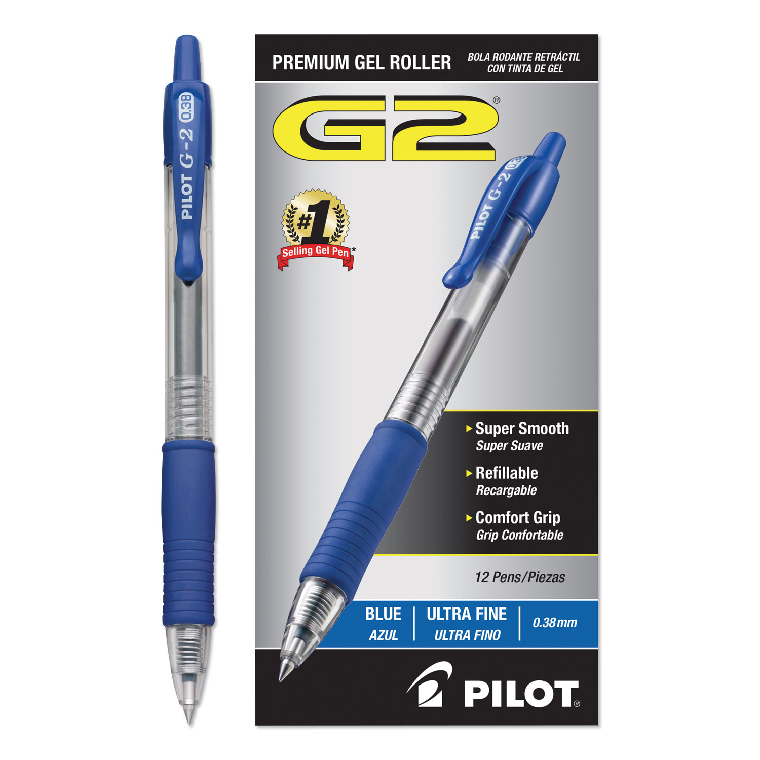  Pilot 31278 G2 Premium Retractable Gel Pen, 0.38mm, Blue Ink, Clear/Blue Barrel, Dozen (PIL31278) 