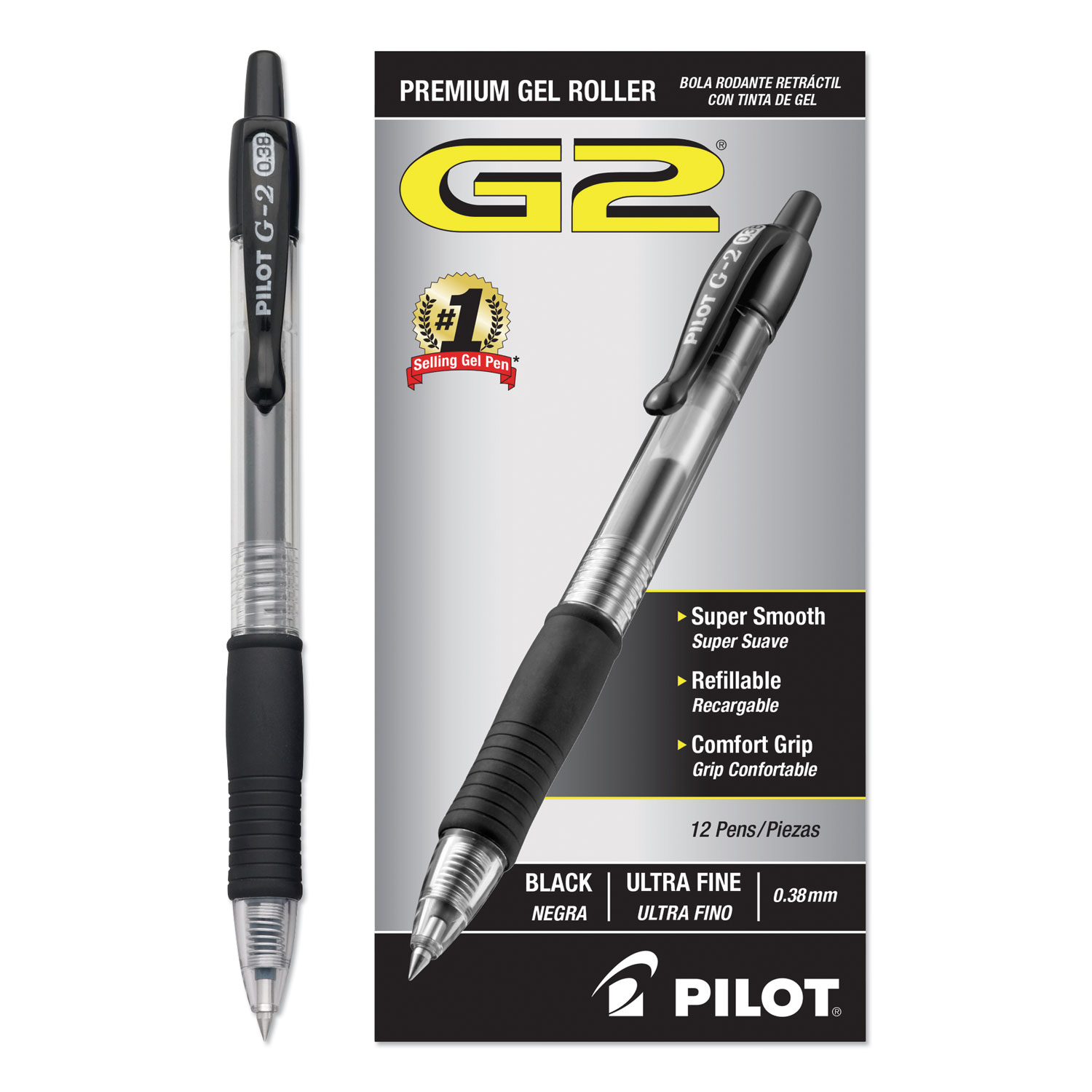  Pilot 31277 G2 Premium Retractable Gel Pen, 0.38mm, Black Ink, Clear/Black Barrel, Dozen (PIL31277) 