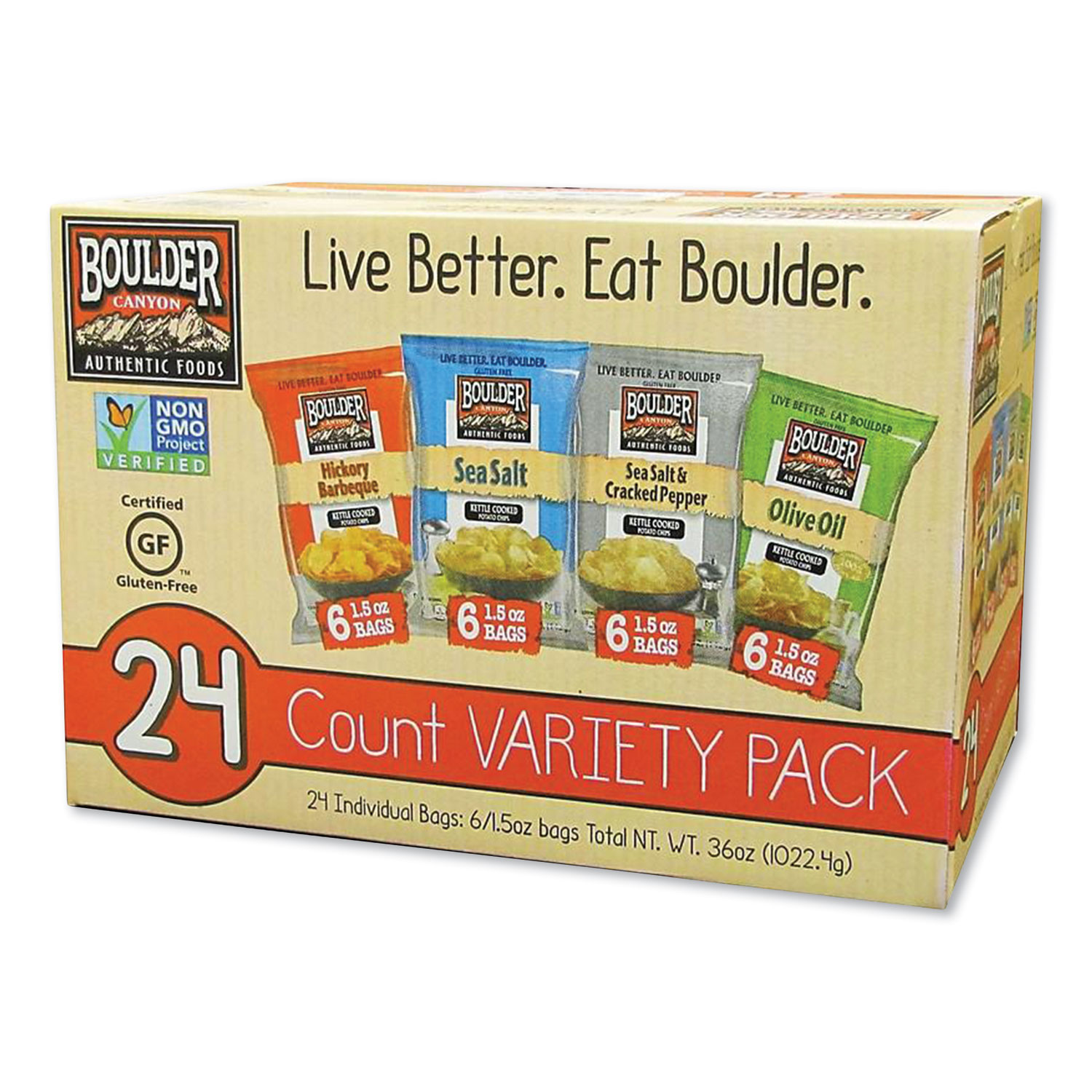 Boulder Canyon® Chips Variety Pack, Hickory Barbeque, Sea Salt, Sea Salt and Cracked Pepper, Olive Oil, 1.5 oz, 12/Carton