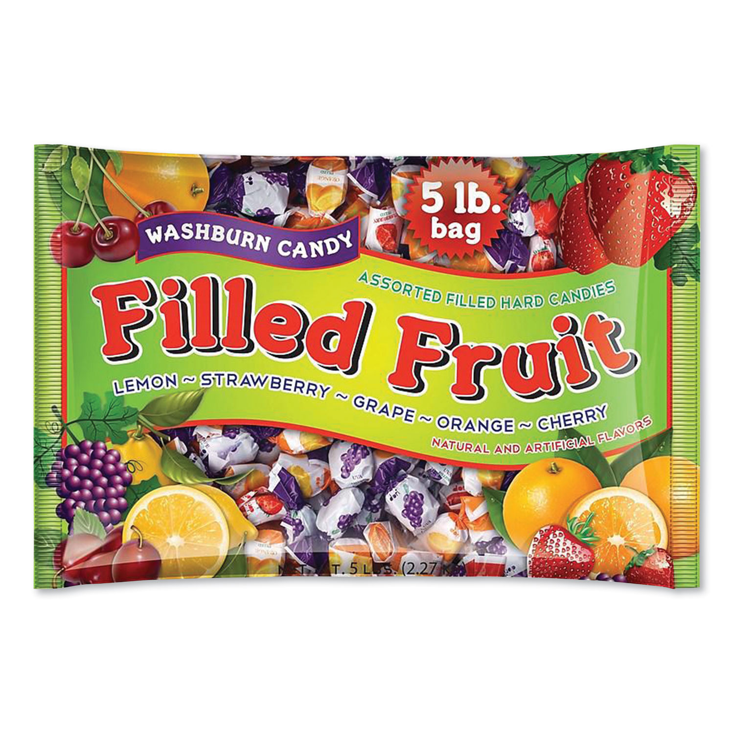  F.B. Washburn Candy 55/22071 Filled Fruit Hard Candies, Orange, Lemon, Strawberry, Cherry, Grape, 80 oz Bag (FBW590867) 