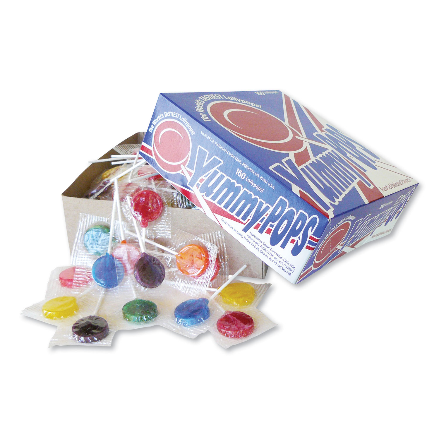  F.B. Washburn Candy 318 Yummy Pops Lollipops, Assorted, 160 oz, 140 Count/Box (FBW730143) 