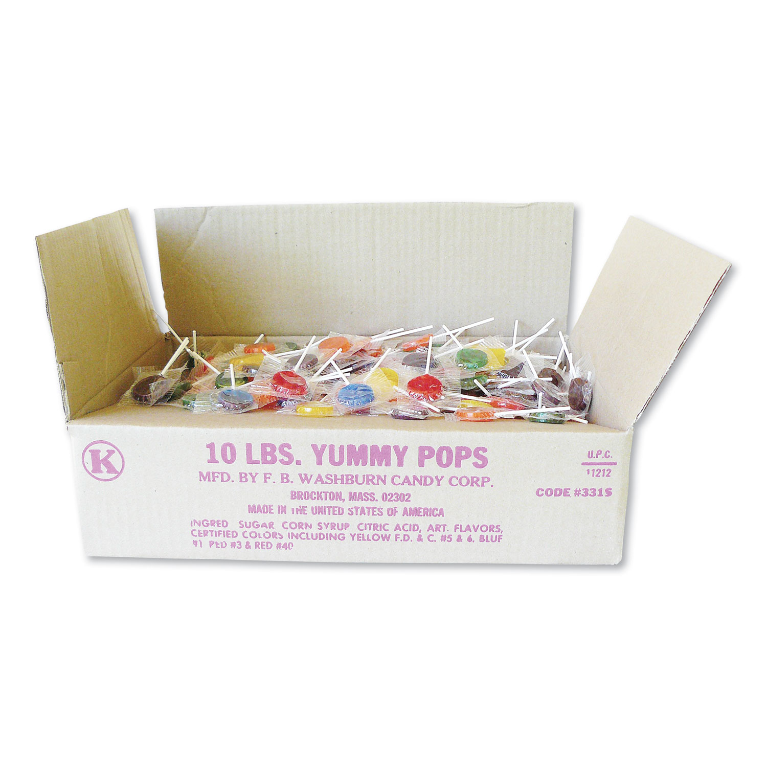  F.B. Washburn Candy 331S Yummy Pops Lollipops, Assorted, 160 oz, 140/Box, 10 Boxes/Carton (FBW753236) 