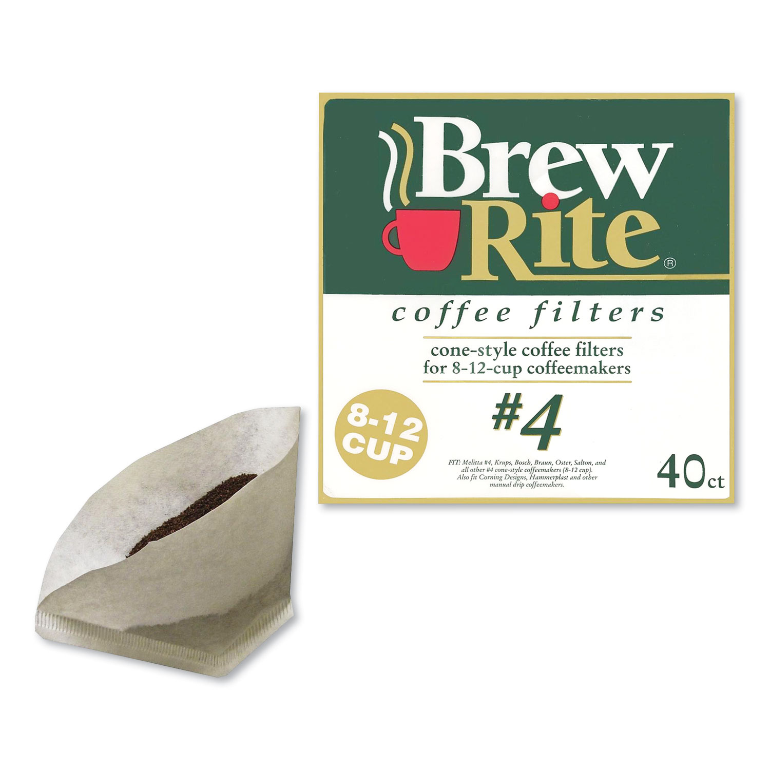 Brew Rite® Coffee Filters, Cone Style, 40/Box