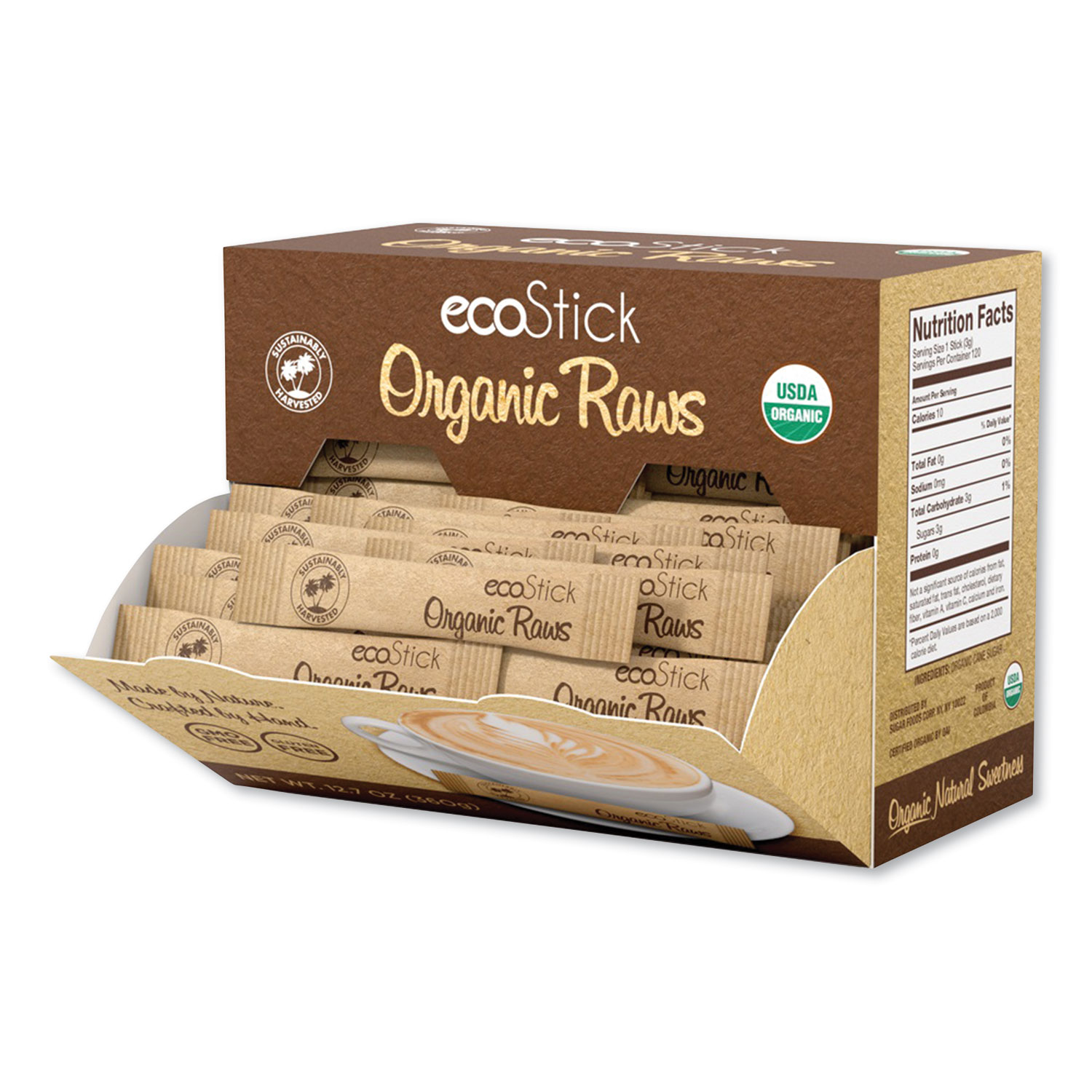  ecoStick 83824 Organic Raw Cane Sugar Packets, 3 g Packet, 120 Packets/Box (SUG24373837) 