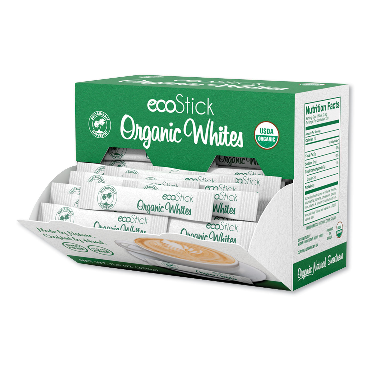 ecoStick Organic White Sugar Packets, 2.8 g Packet, 120 Packets/Box