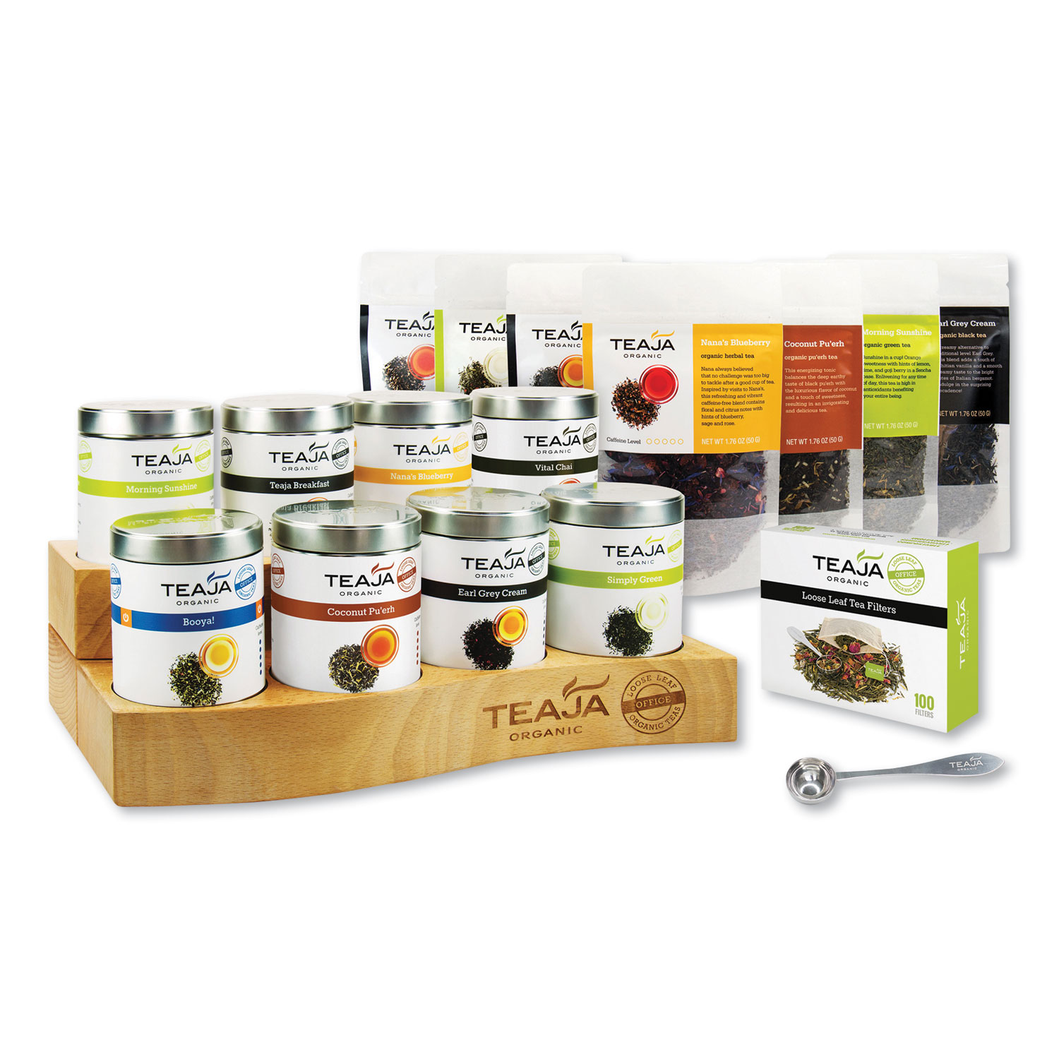 Teaja® Organic Loose-Leaf Tea Office-Experience Kit with Hardwood Display, (8) Assorted Varieties, 1.76 oz Packages, 8/Kit