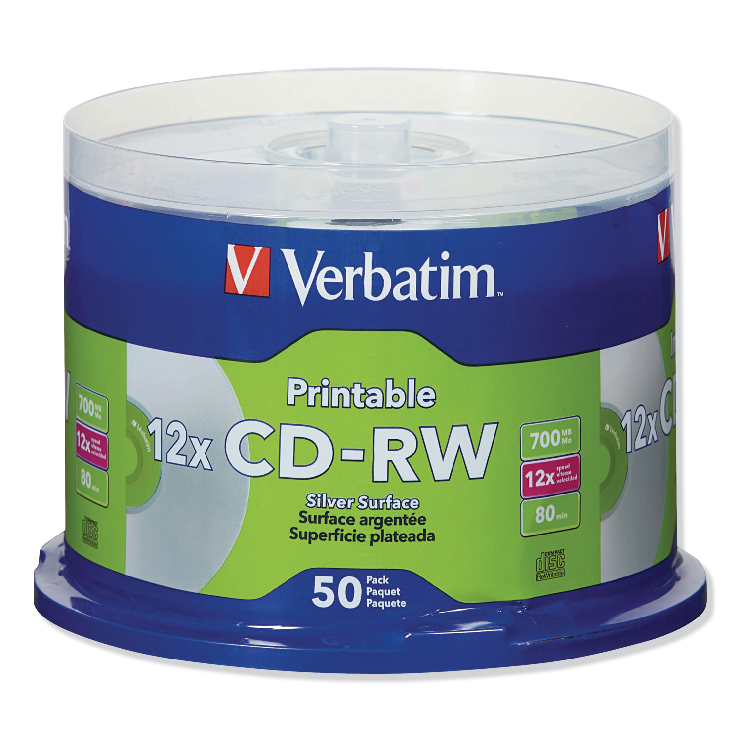  Verbatim 95159 CD-RW Discs, Printable, 700MB/80min, 12X, Spindle, Silver, 50/Pack (VER95159) 