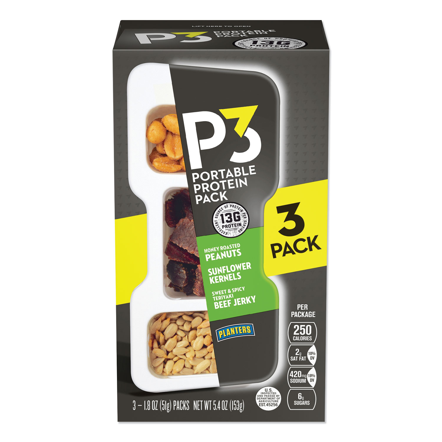  P3 GEN02034 Portable Protein Pack with Planters Peanuts, Honey Roasted Peanuts/Sweet and Spicy Teriyaki Jerky/Sunflower Kernels, 3/Pack (KRF2830802) 