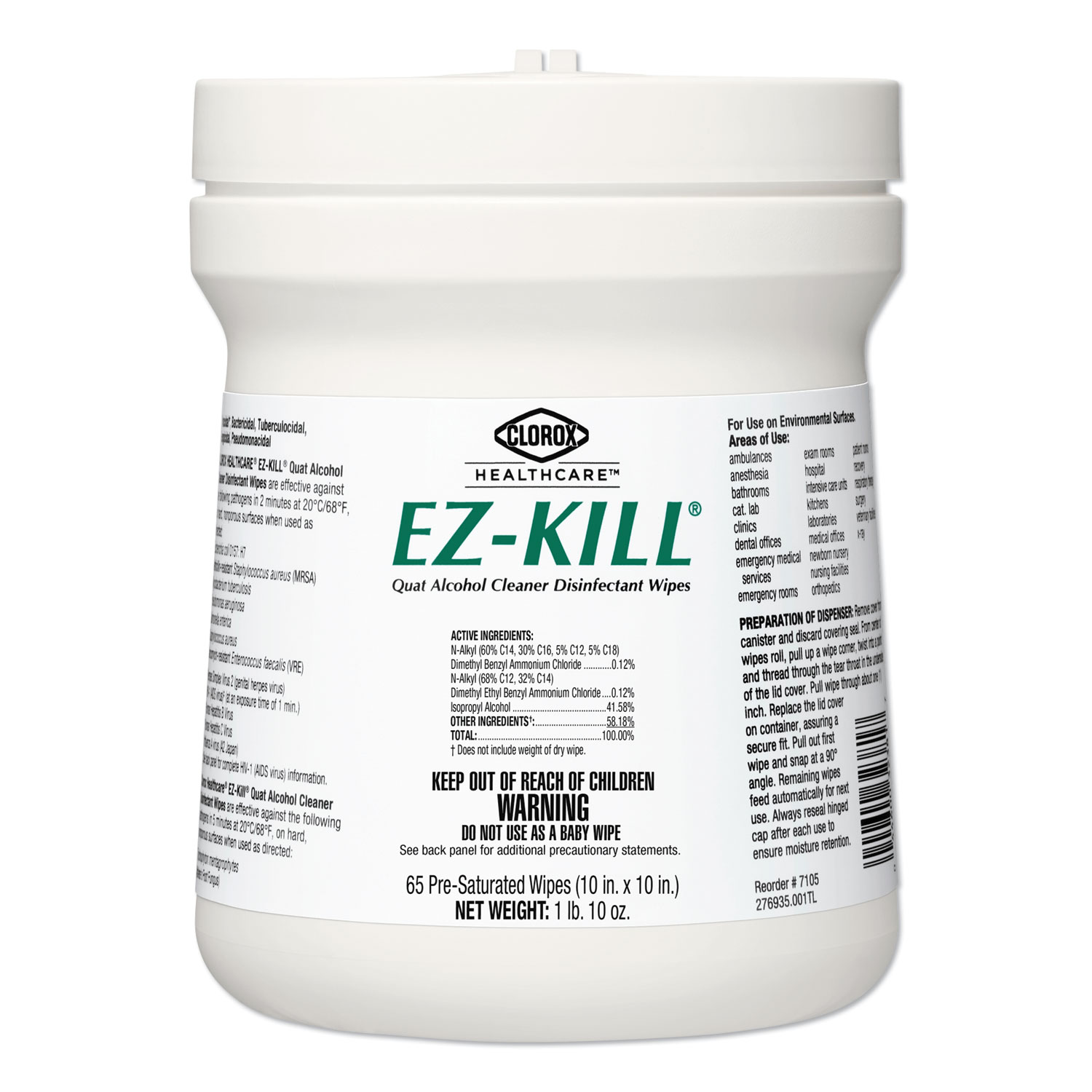  Clorox Healthcare 32381 EZ-Kill Quat Alcohol Cleaner Disinfectant Wipes, 10 x 10, 65/Canister, 12 Canisters/Carton (CLO32381) 