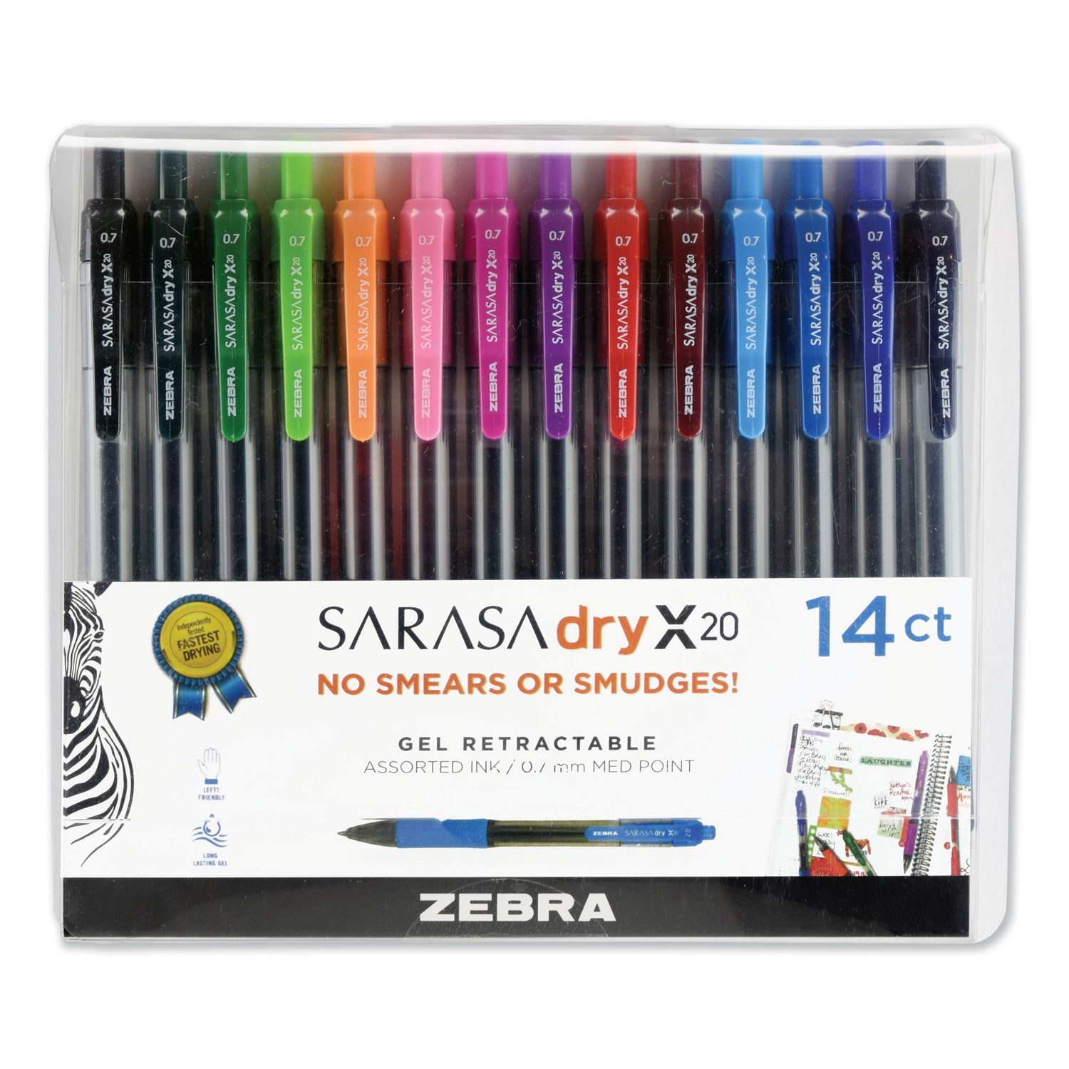  Zebra 46824 Sarasa Dry Gel X20 Retractable Gel Pen, Medium 0.7mm, Assorted Ink/Barrel, 14/Pack (ZEB46824) 
