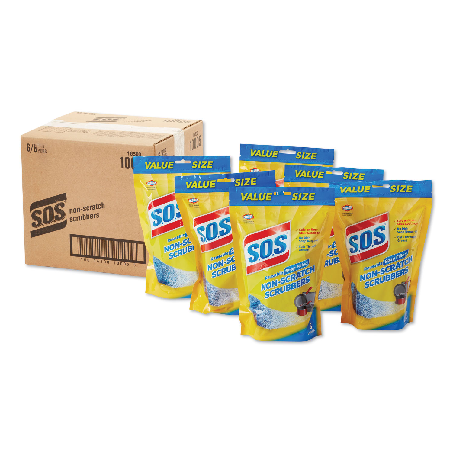  S.O.S. 10005 Non-Scratch Soap Scrubbers, Blue, 8/Pack, 6 Packs/Carton (CLO10005) 
