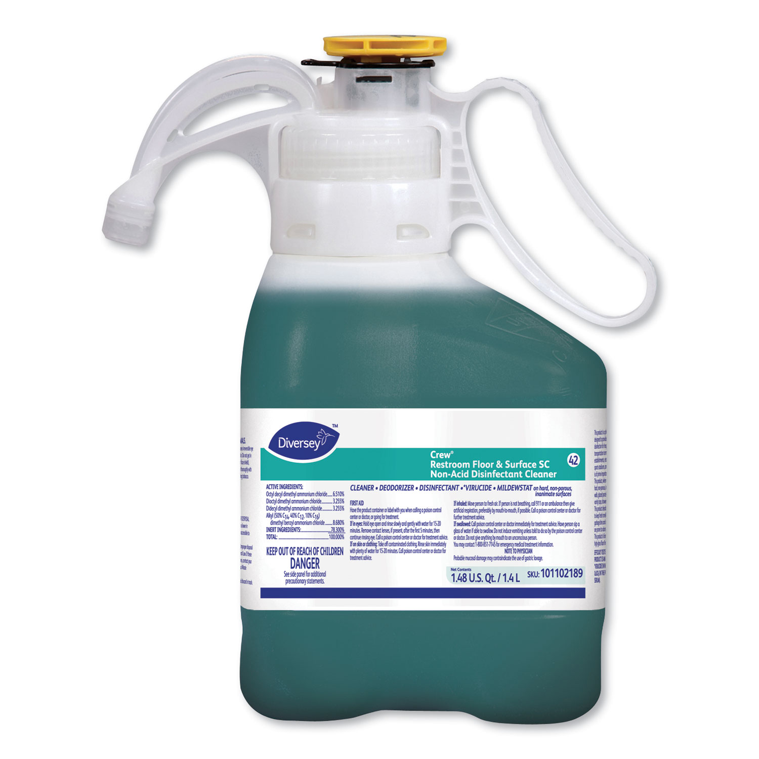  Diversey 101102189 Crew Restroom Floor and Surface SC Non-Acid Disinfectant Cleaner, Fresh, 1.4 L Bottle, 2/Carton (DVO101102189) 
