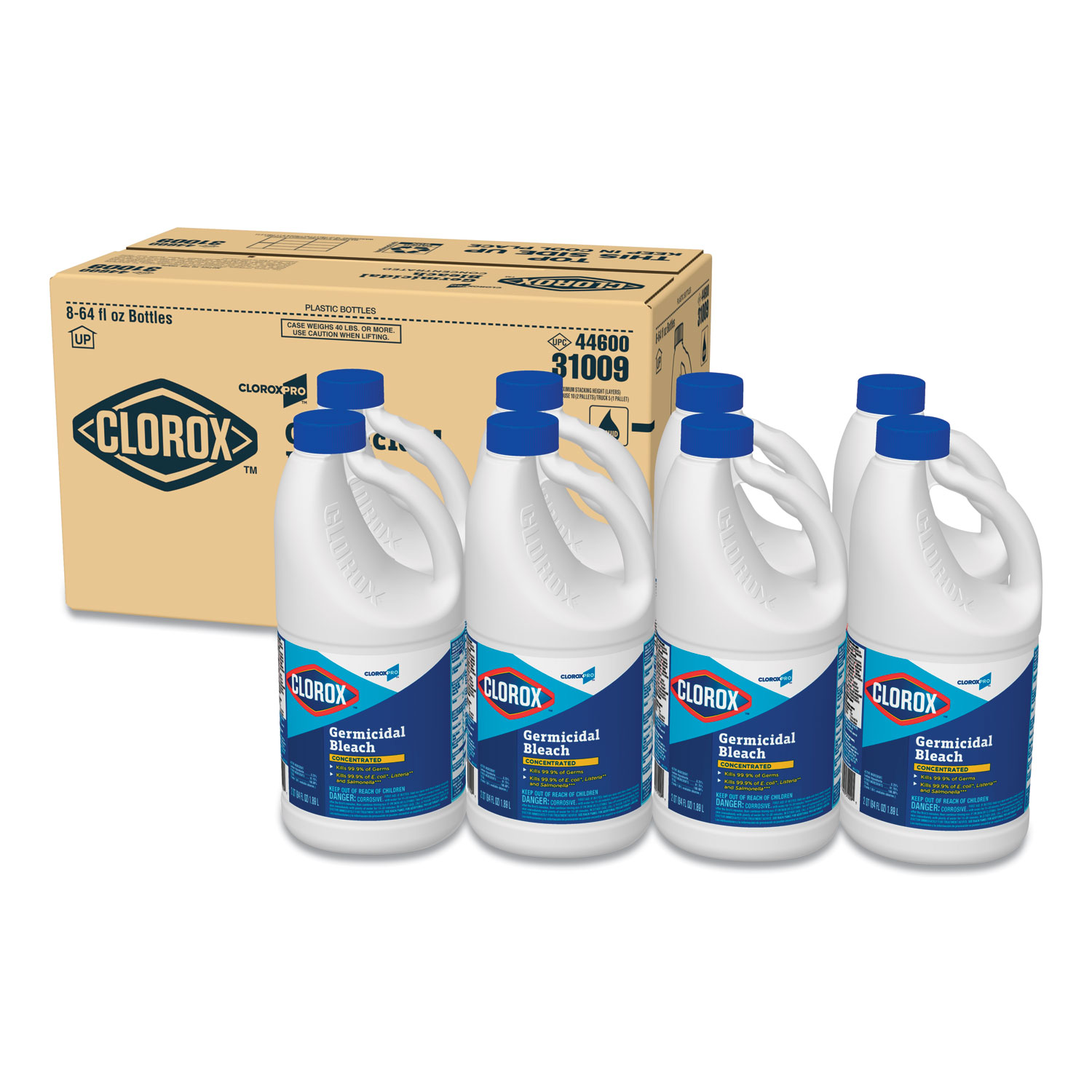  Clorox 10044600310098 Concentrated Germicidal Bleach, Regular, 64oz Bottle, 8/Carton (CLO31009CT) 