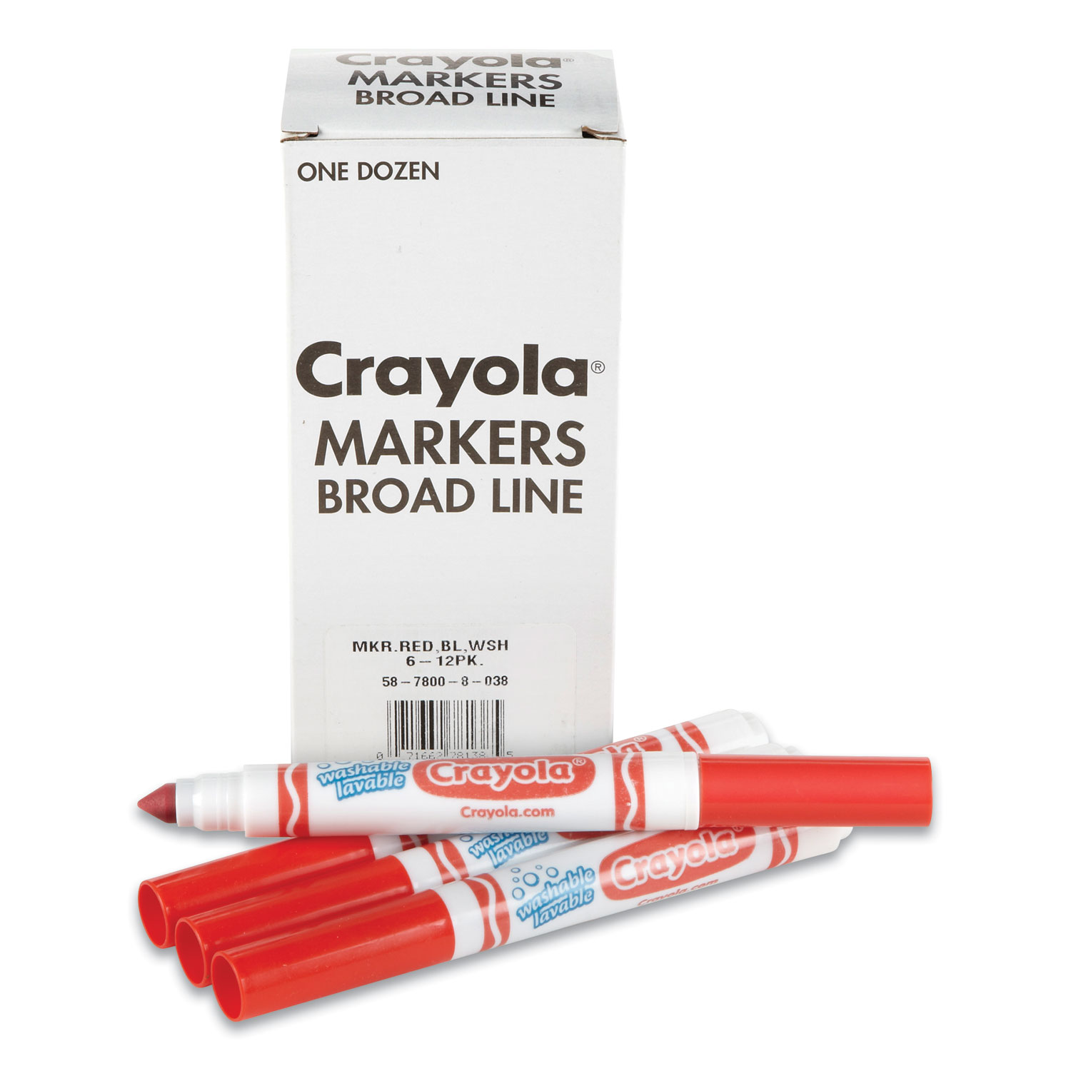 Crayola® Broad Line Washable Markers, Broad Bullet Tip, Red, 12/Box