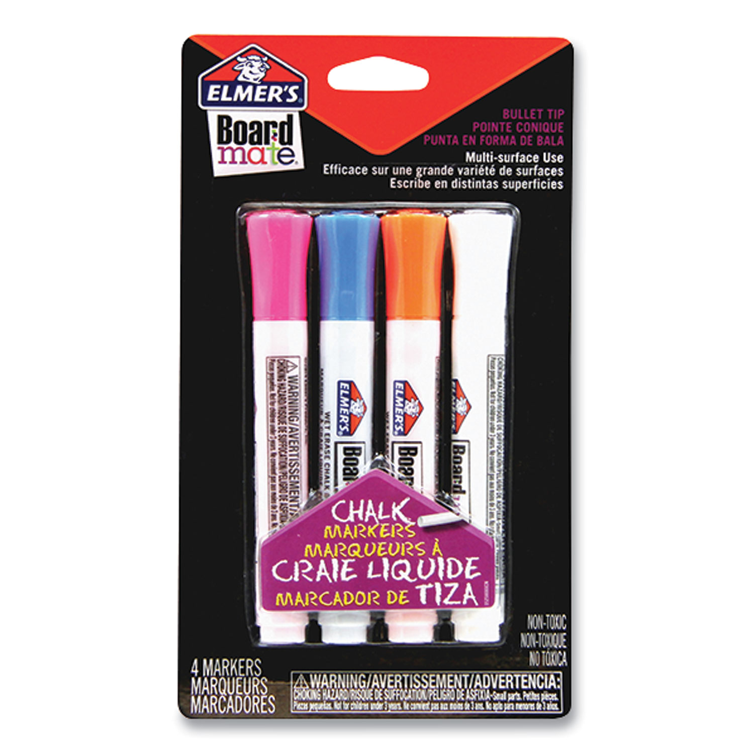 Elmers® Boardmate Wet Erase Chalk Markers, Broad Bullet Tip, Assorted Ink, 4/Pack