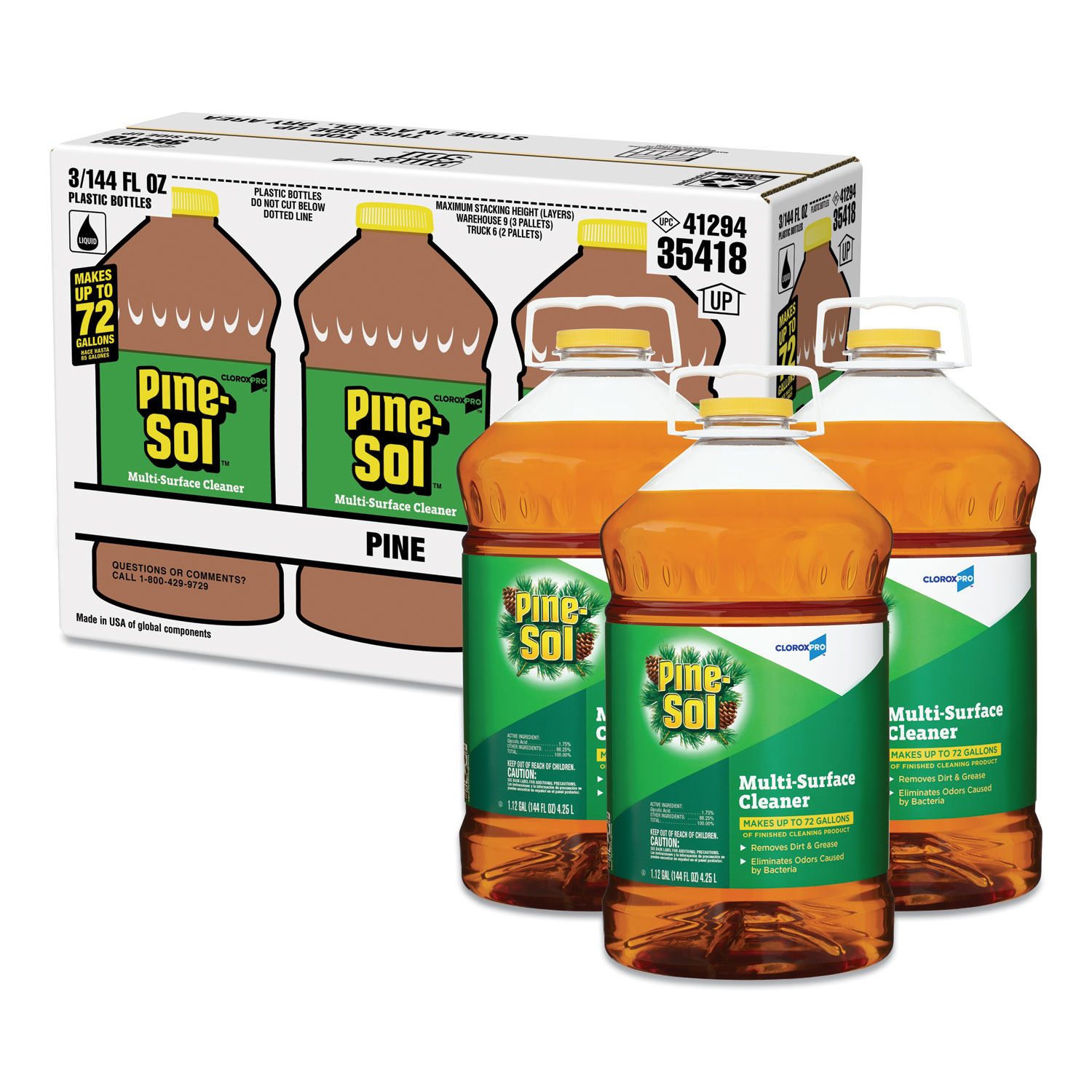  Pine-Sol 35418 Multi-Surface Cleaner Disinfectant, Pine, 144oz Bottle, 3 Bottles/Carton (CLO35418CT) 