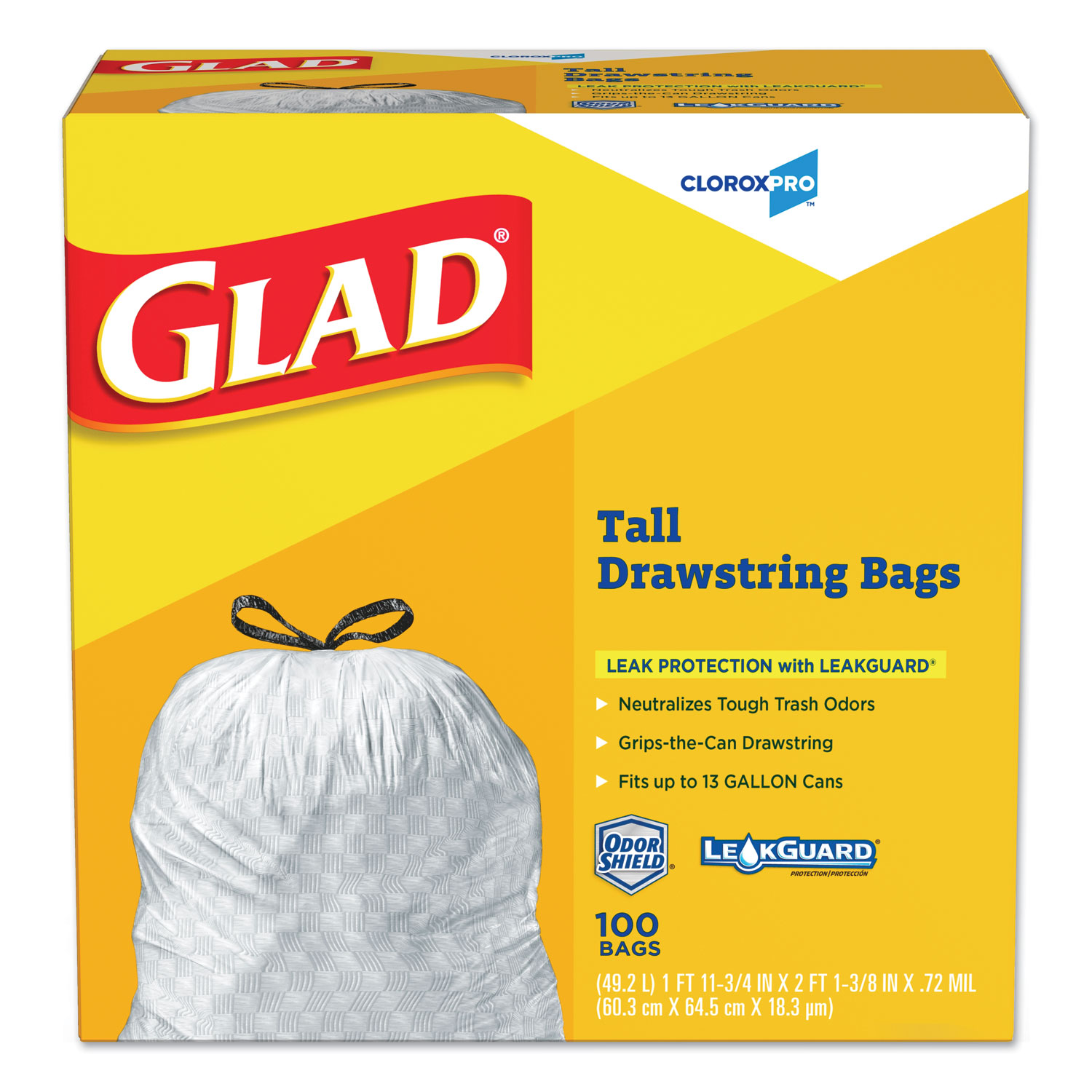  Glad 78526 Tall Kitchen Drawstring Trash Bags, 13 gal, 0.72 mil, 24 x 27.38, Gray, 100/Box (CLO78526) 