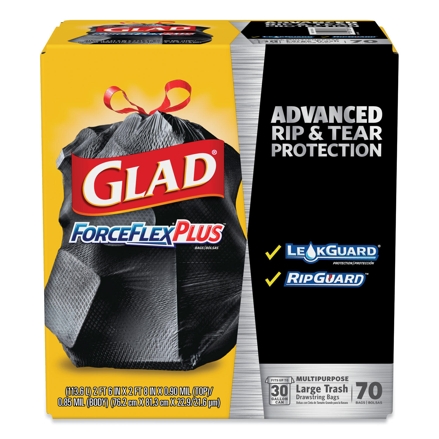  Glad 70358 ForceFlexPlus Drawstring Large Trash Bags, 30 gal, 1.05 mil, 30 x 32, Black, 70/Box (CLO70358) 