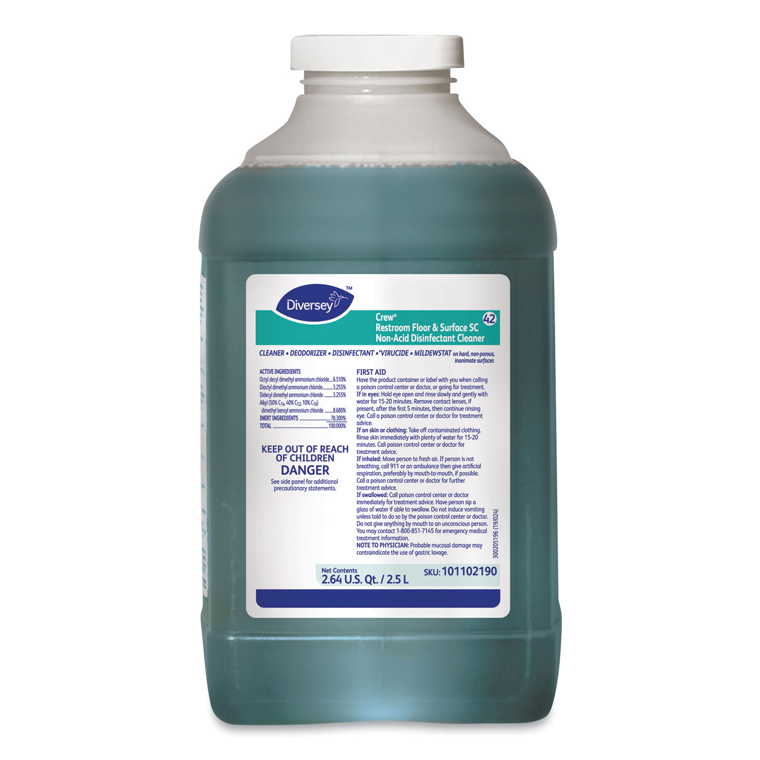 Crew Restroom Floor and Surface SC Non-Acid Disinfectant Cleaner, Fresh, 2.5 L Bottle, 2/Carton