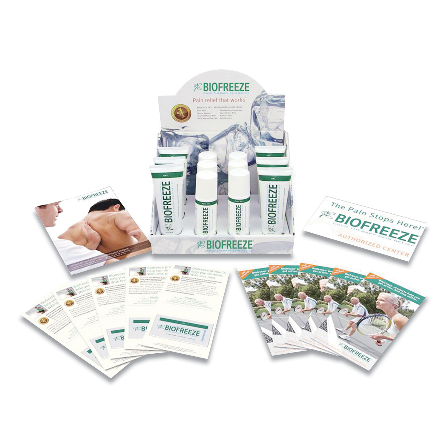 BIOFREEZE® Professional Retail Starter Kit Display with Topical Analgesive Pain Reliever Roll-Ons, Gels, Sprays, 12/Set