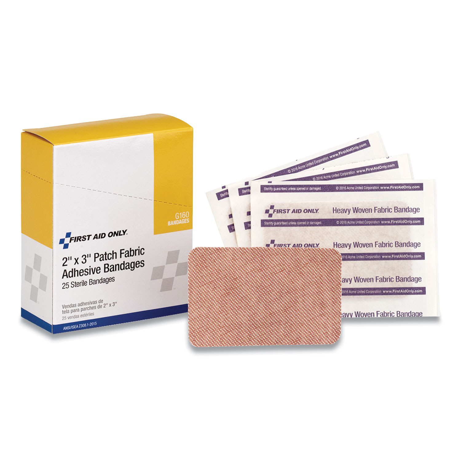  First Aid Only G160 Heavy Woven Adhesive Bandages, Strip,  2 x 3, 25/Box (FAO909853) 