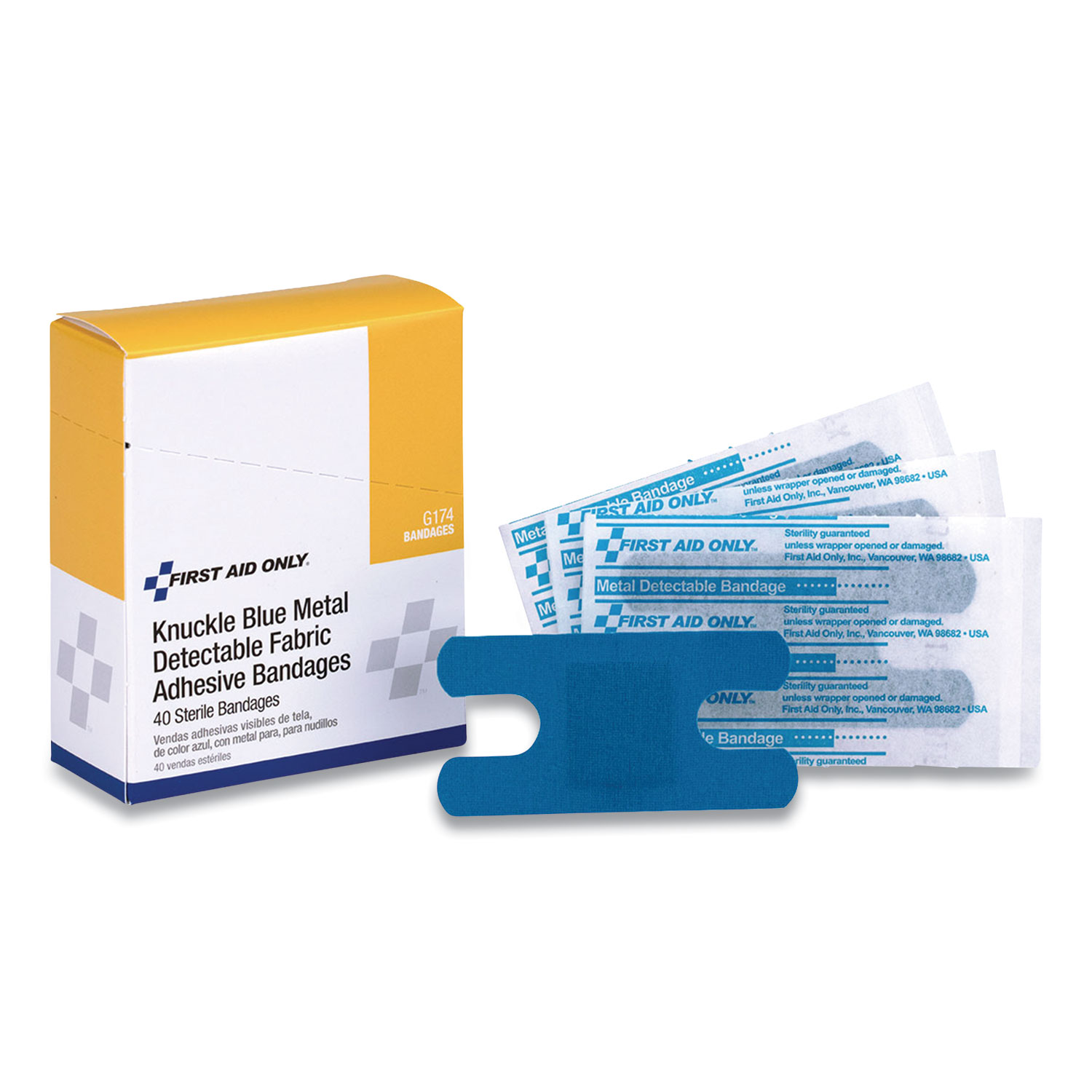 First Aid Only™ Blue Metal Detectable Fabric Adhesive Bandages, Four-Wing Knuckle, 1.5 x 3, 40/Box